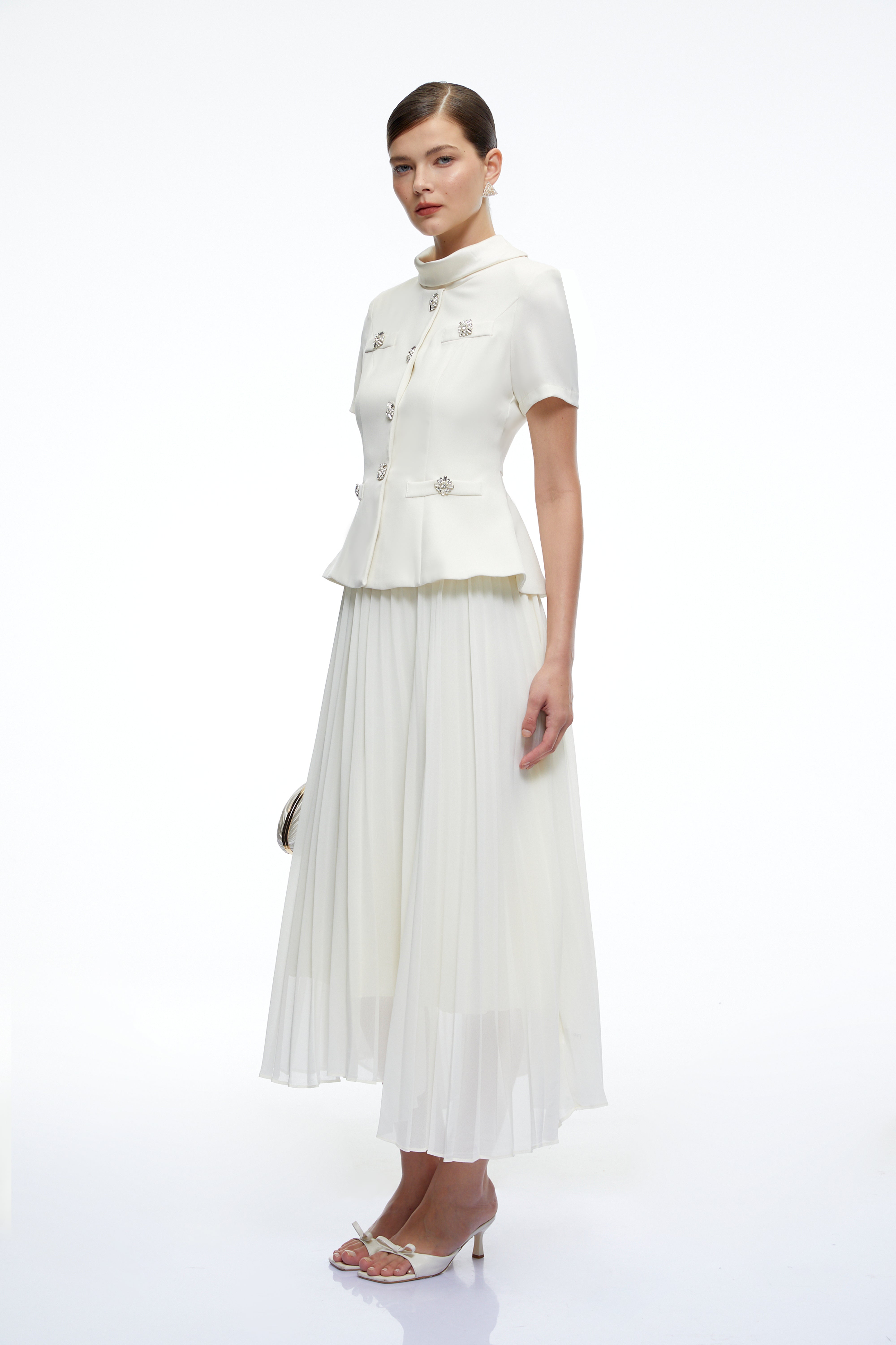 Camille Neutral Structured Pleated Midi Dress