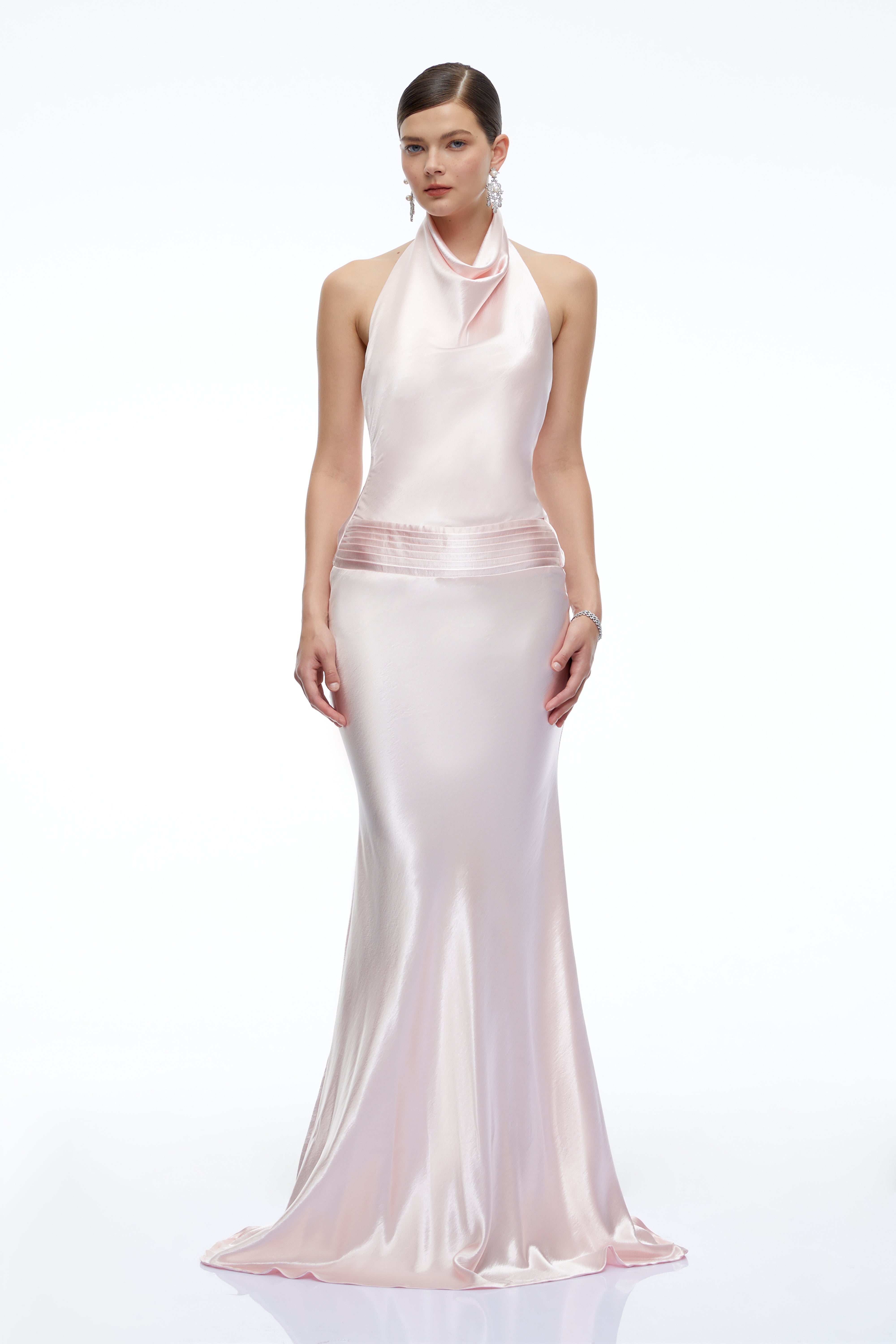 Camille Pink Satin Halterneck Maxi Dress