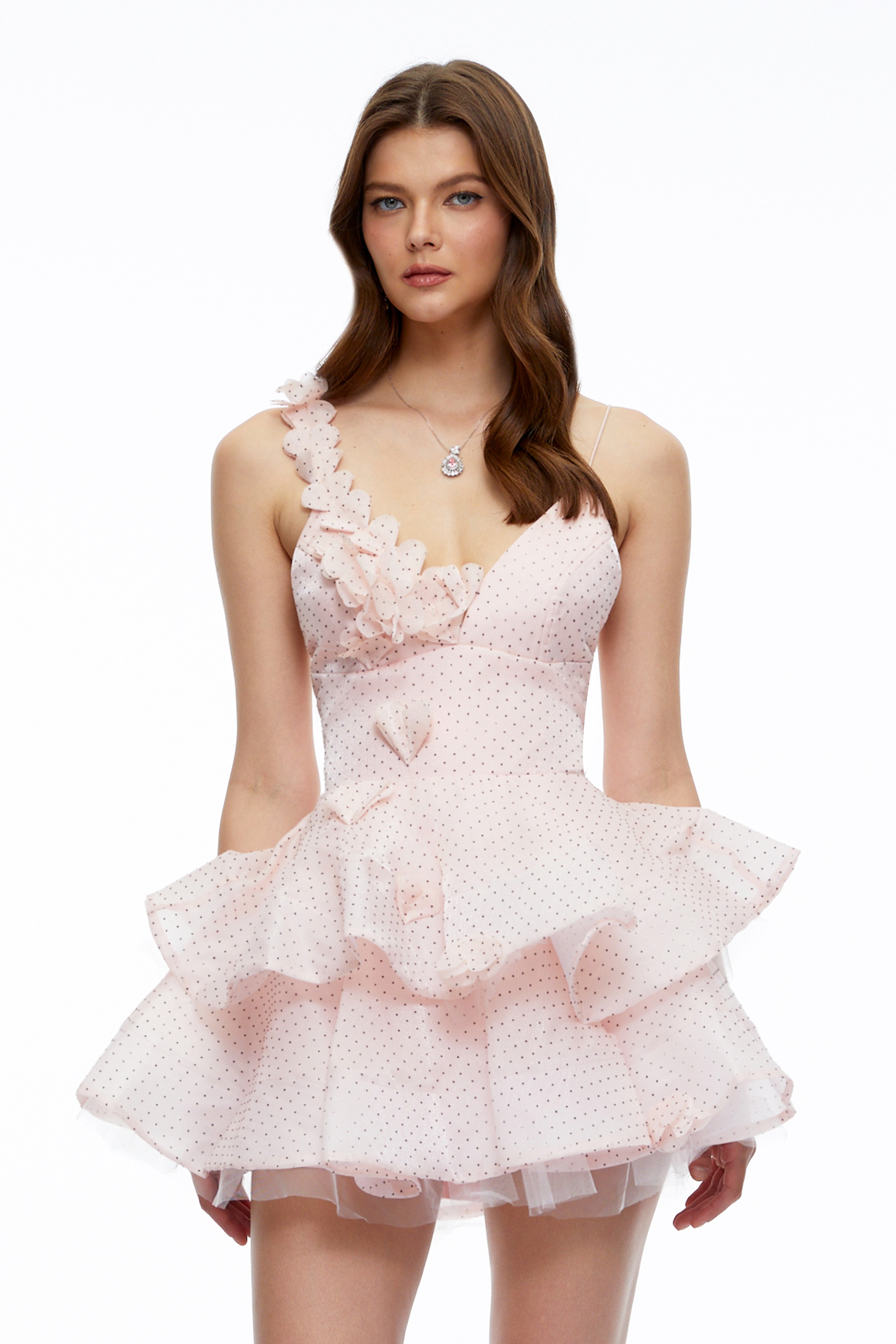 Capucine Pink Polka Dot Floral Ruffled Mini Dress