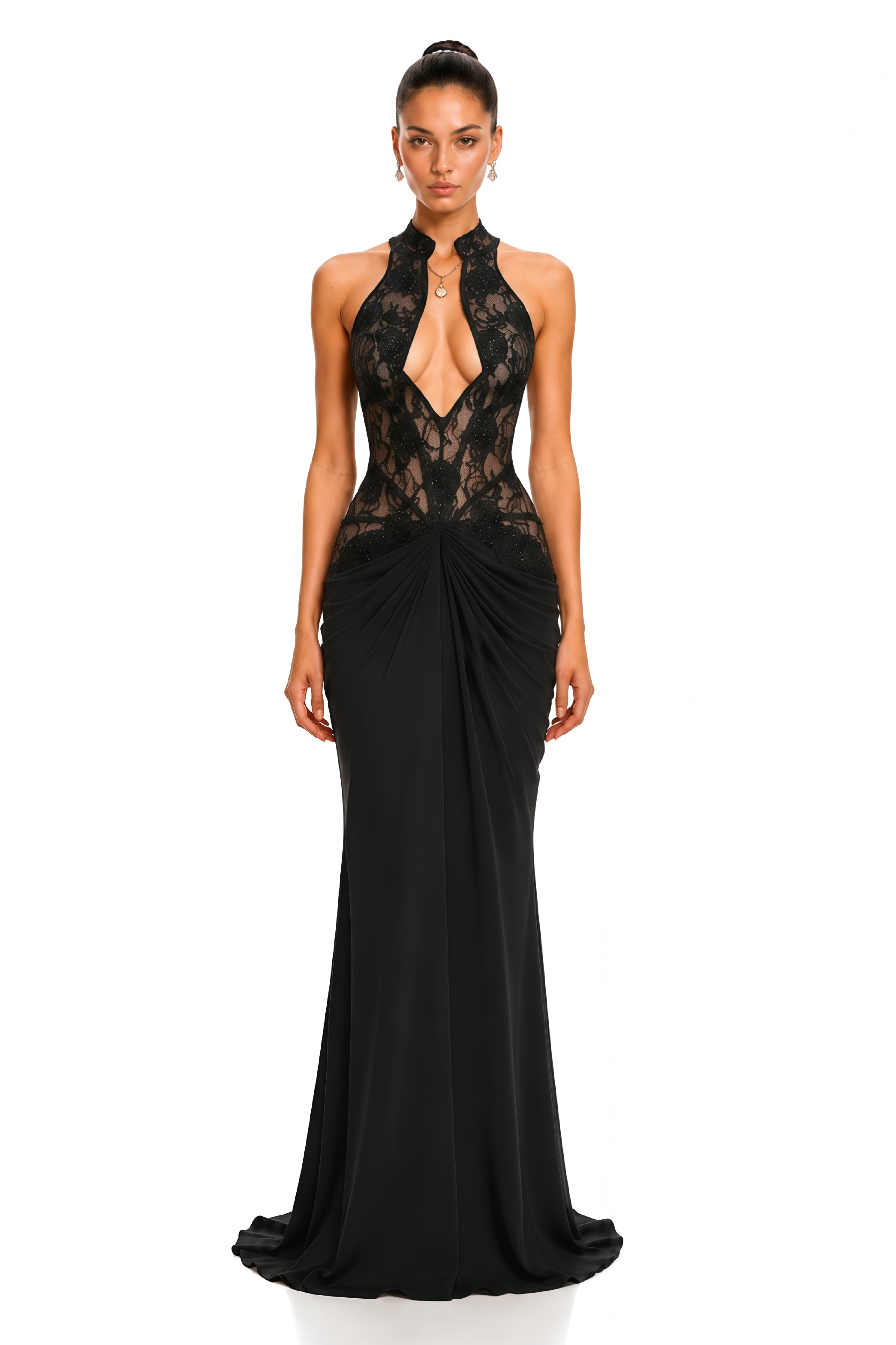 Carolina Black Plunge Neck Embellished Ruched Maxi Dress