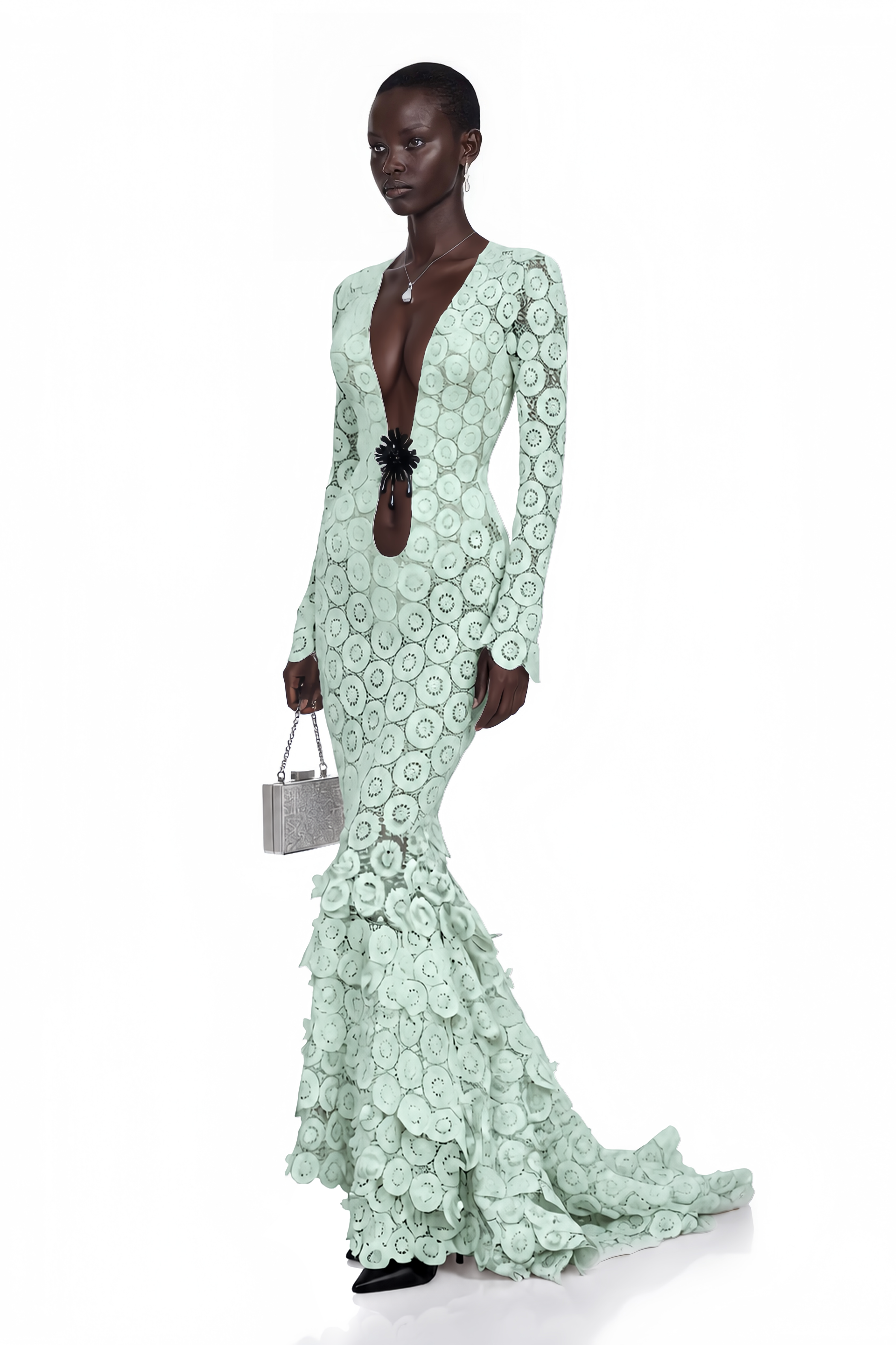 Cass Mint Green V-Neck Lace Bodycon Maxi Dress