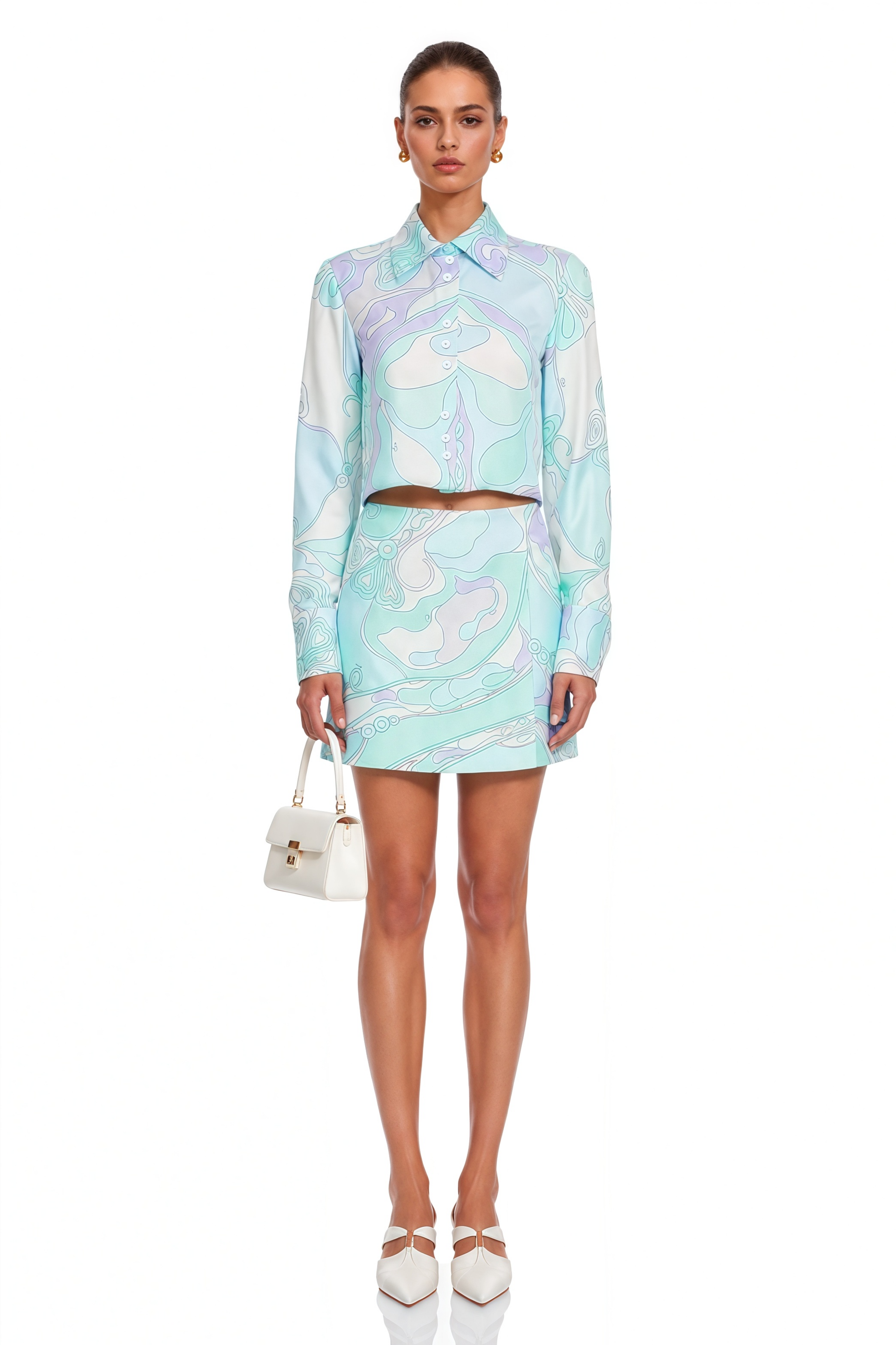 Cassia Mint Green Printed Blouse & Mini Skirt Set