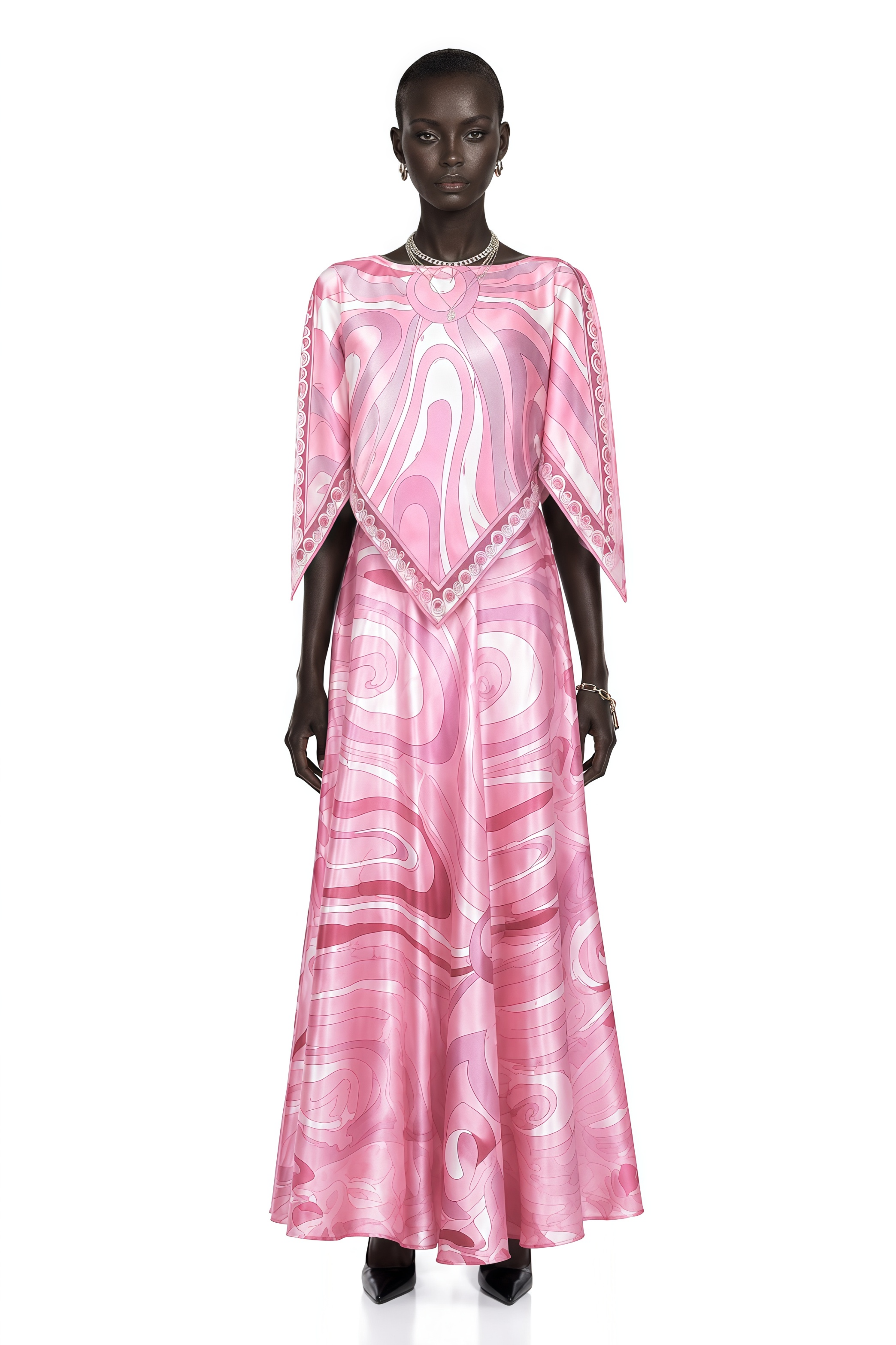 Cassia Pink Printed Cape Top & Maxi Skirt Set
