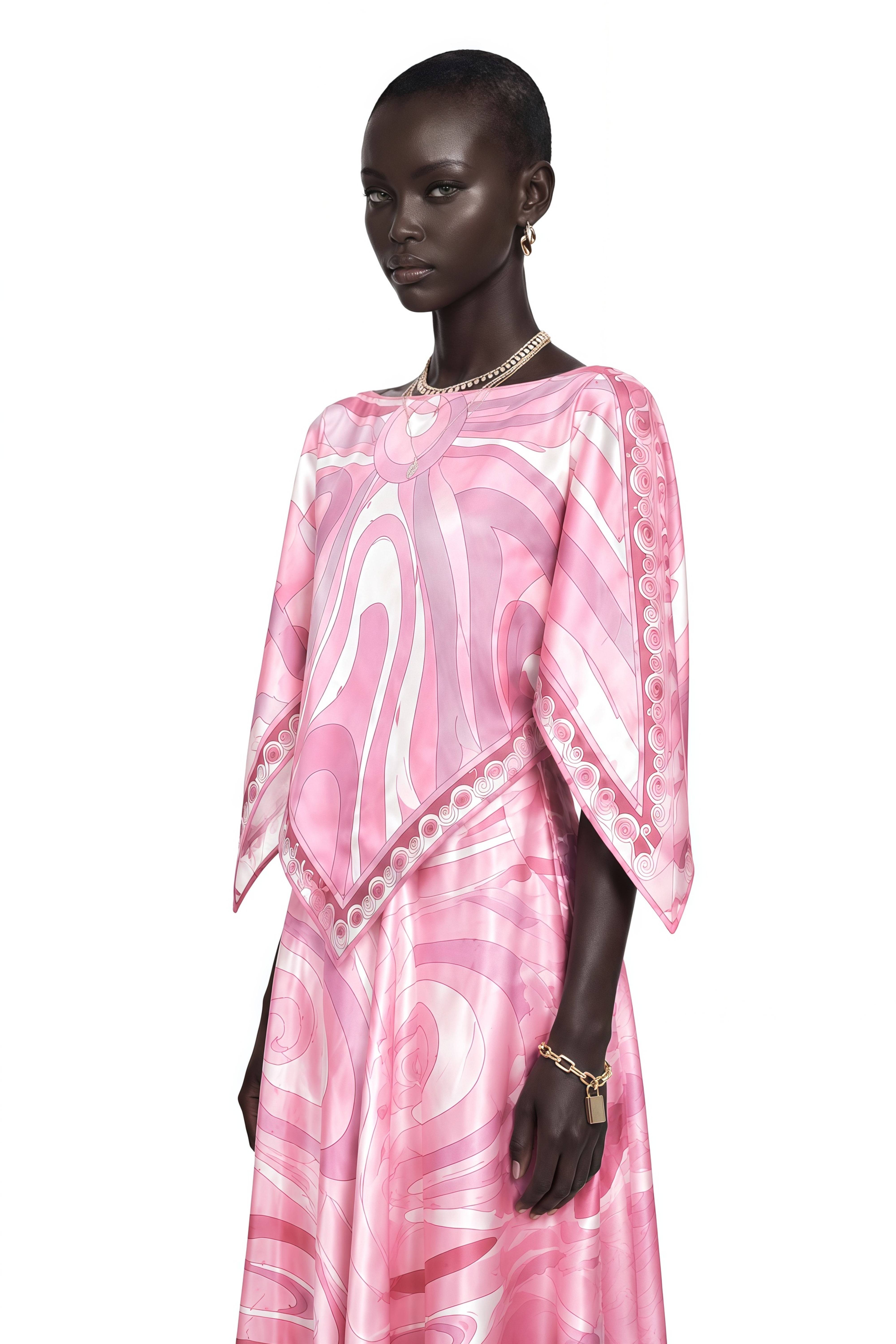 Cassia Pink Printed Cape Top & Maxi Skirt Set