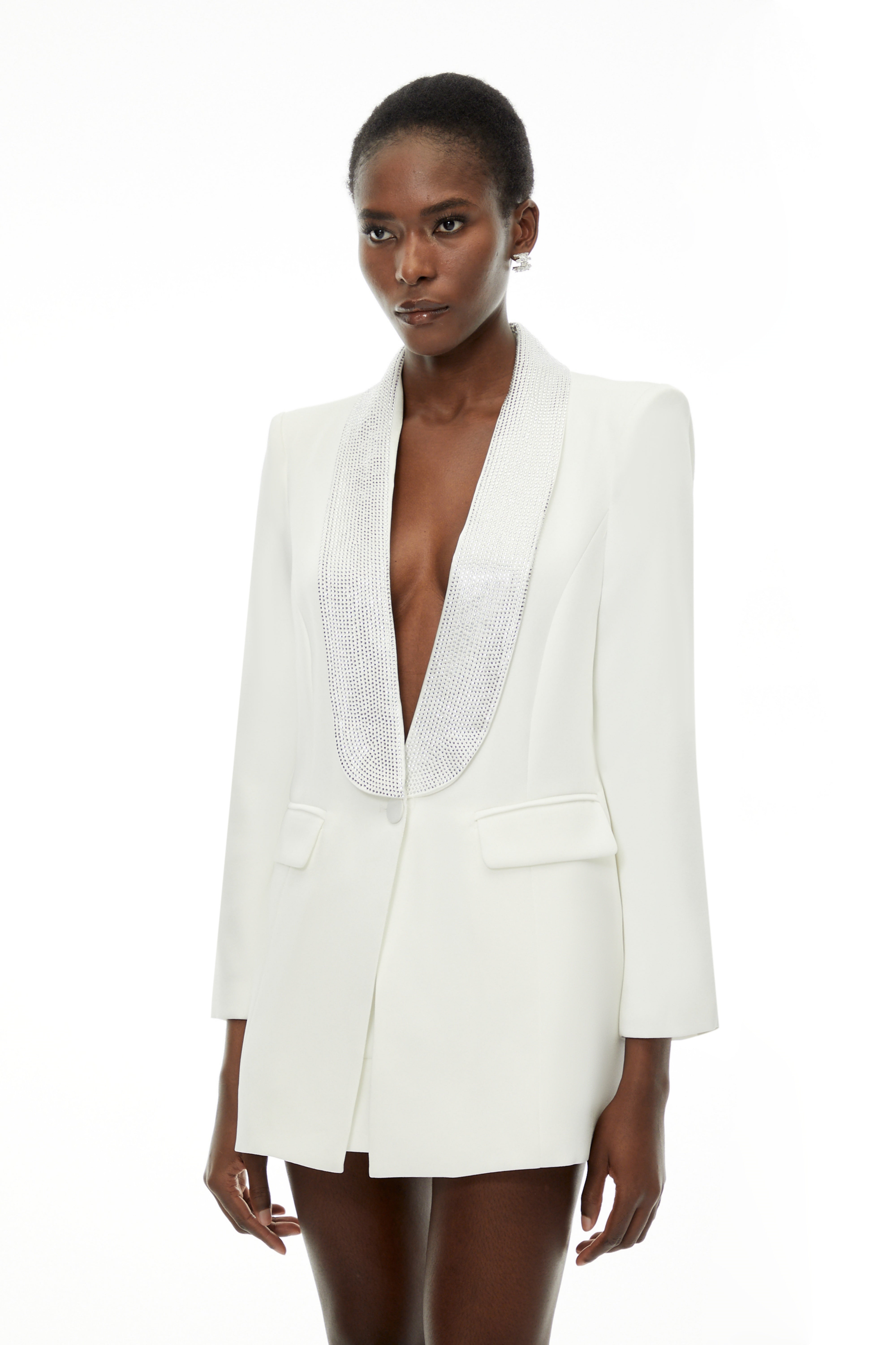 Caterina White Plunge Neck Embellished Blazer (Final Sale)