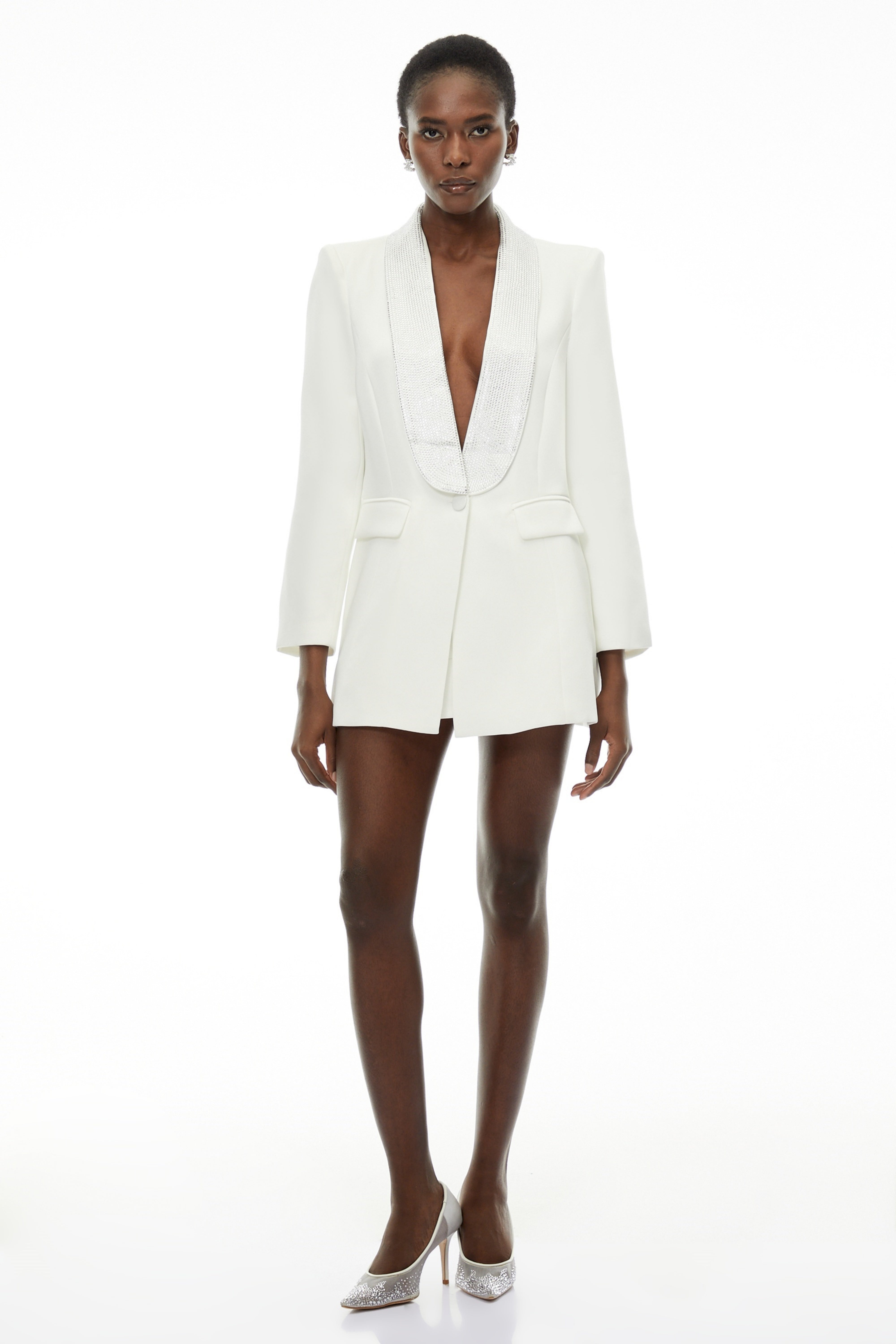 Caterina White Plunge Neck Embellished Blazer (Final Sale)