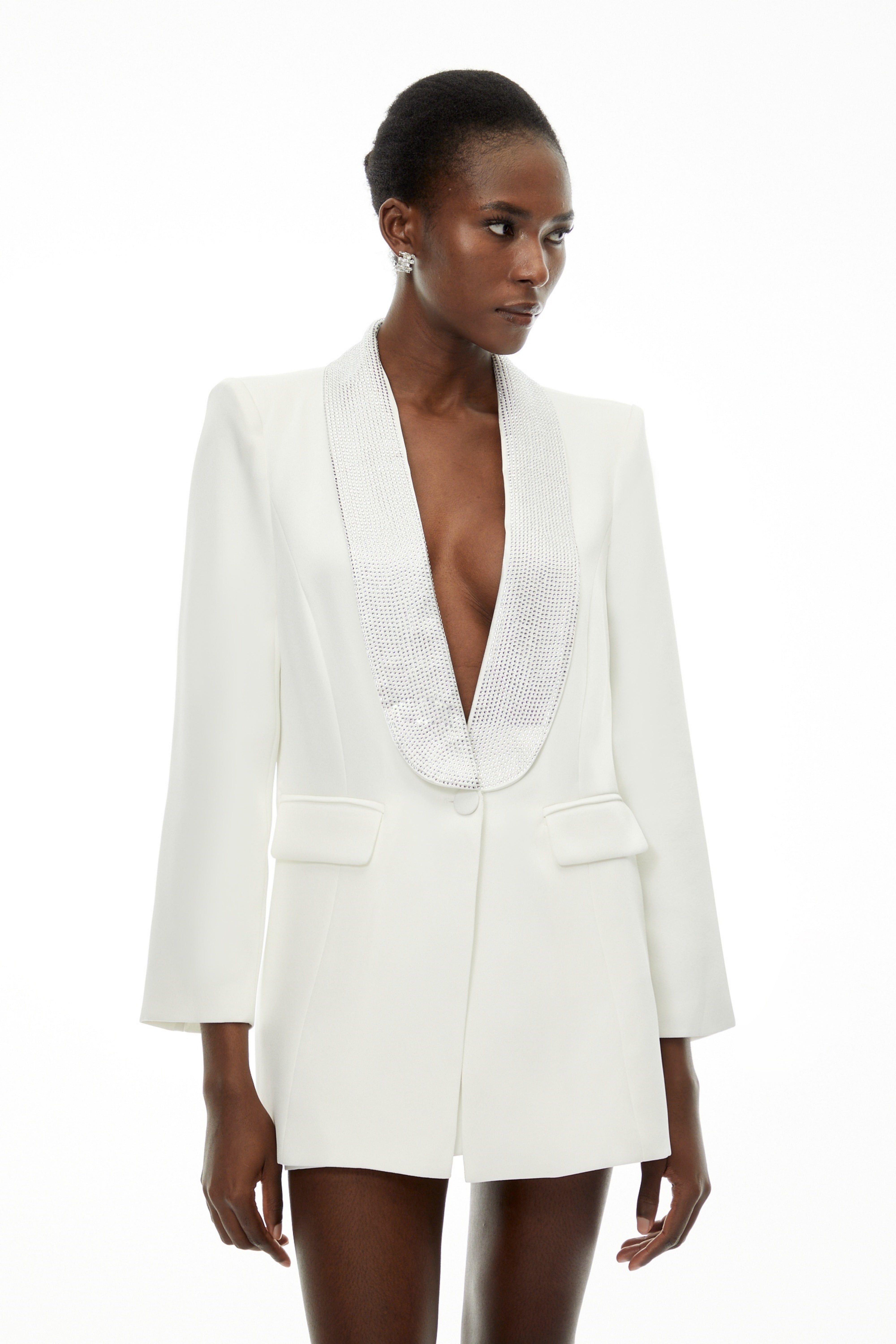 Caterina White Plunge Neck Embellished Blazer (Final Sale)