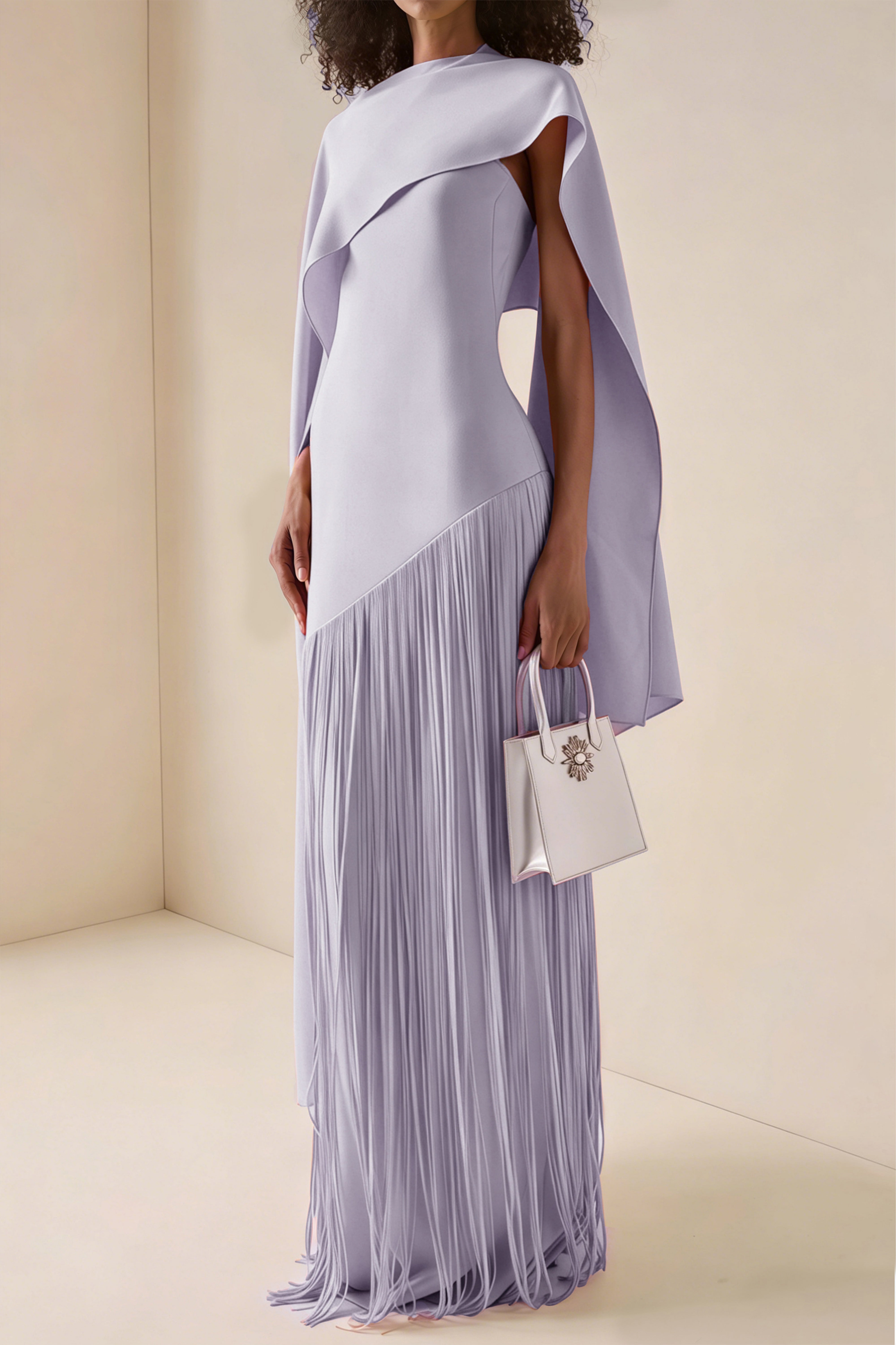 Cayetana Lilac Fringe Maxi Dress with Cape Effect (Final Sale-US Only)