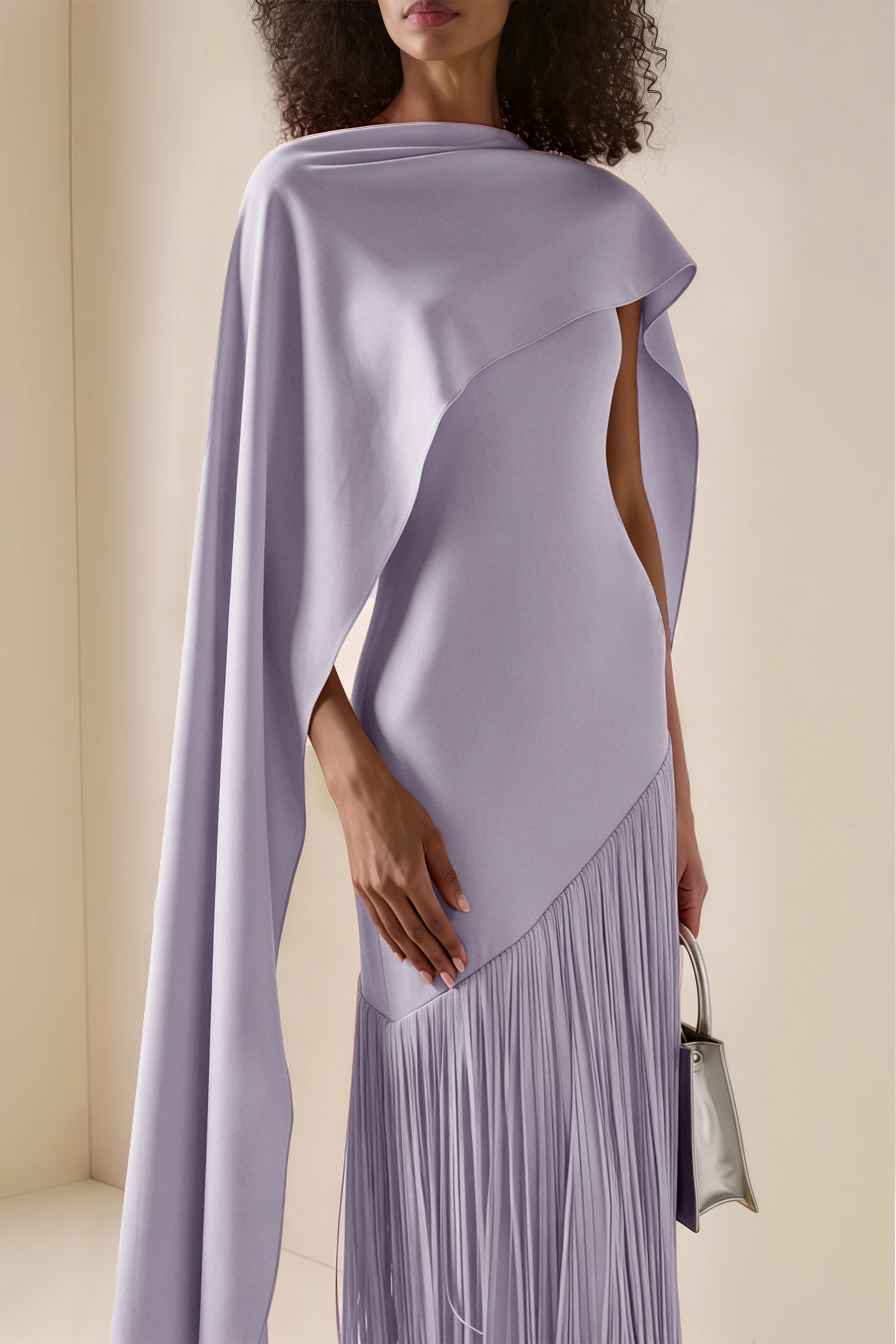 Cayetana Lilac Fringe Maxi Dress with Cape Effect (Final Sale-US Only)