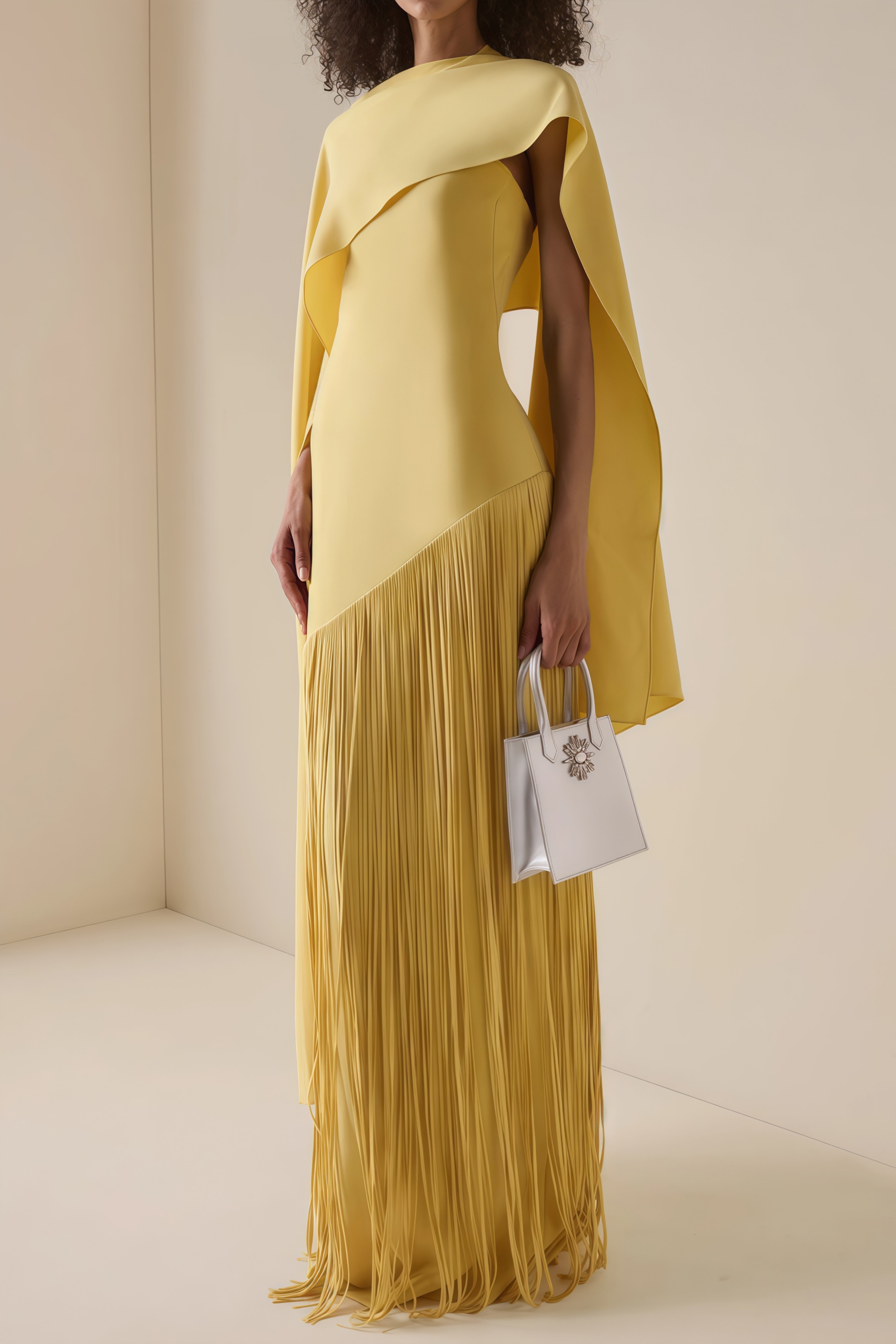 Yellow Fringed Caped Gown