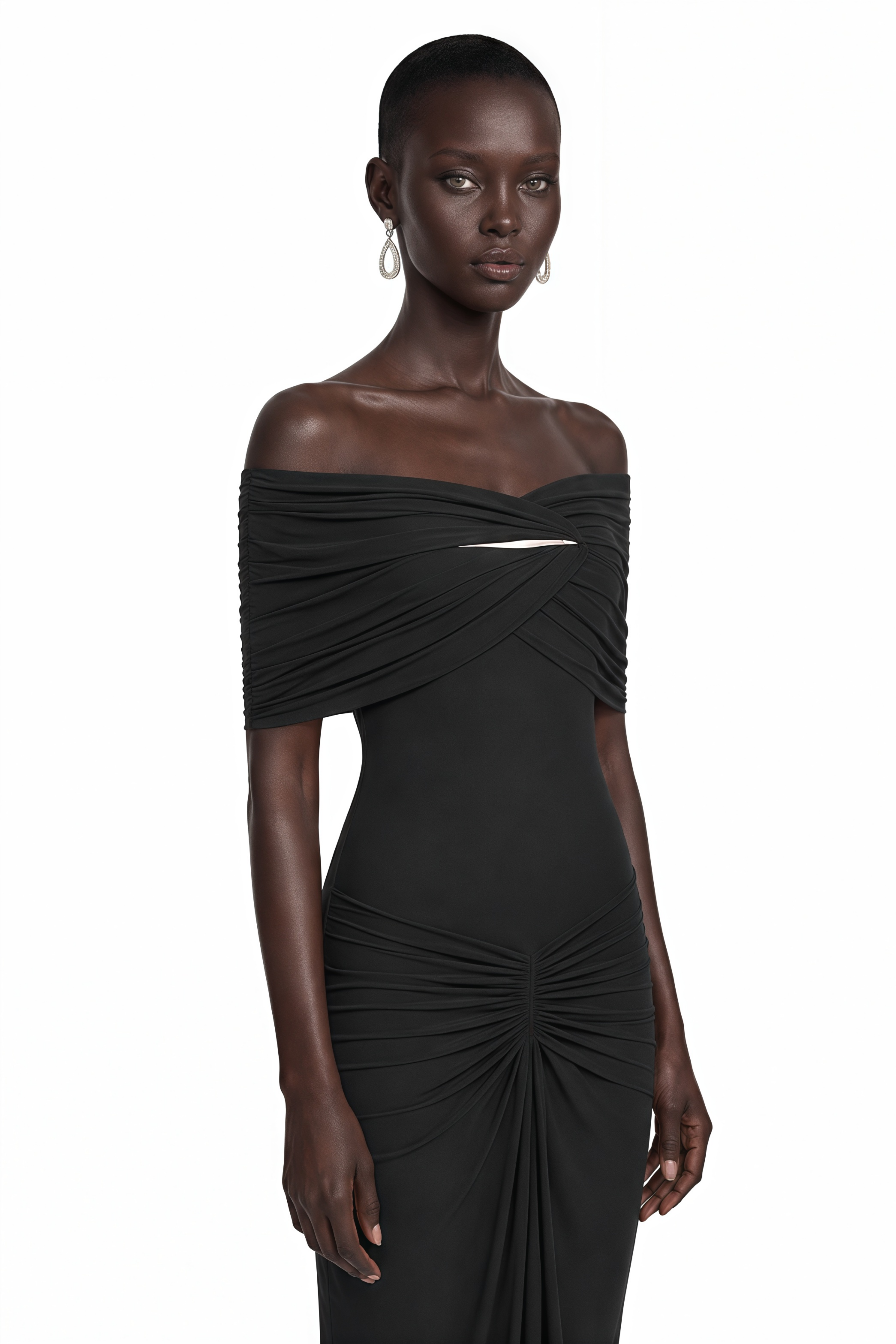 Celeste Black Off Shoulder Pleated Maxi Dress