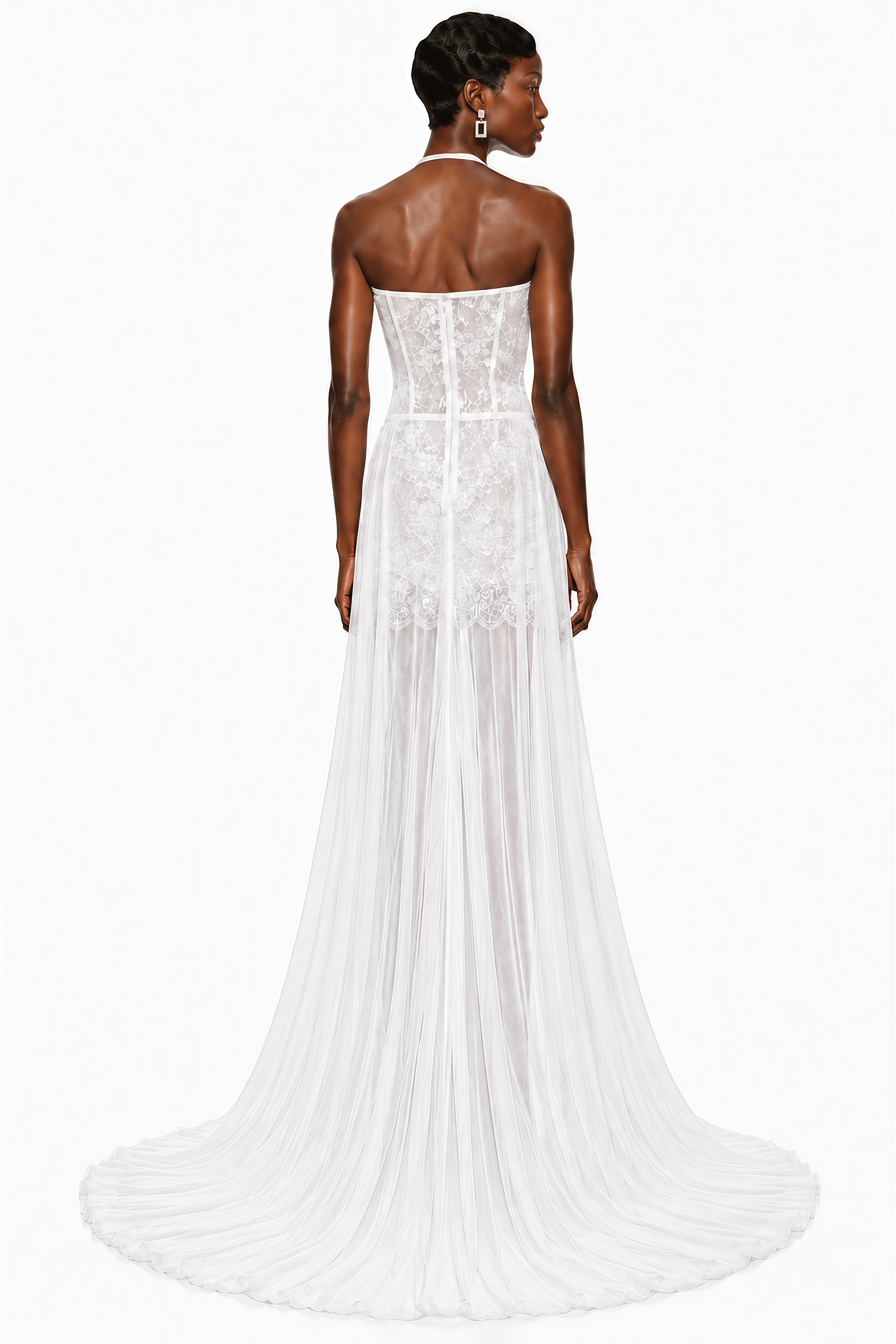 White halter corset gown with lace cups and a draped high-slit skirt