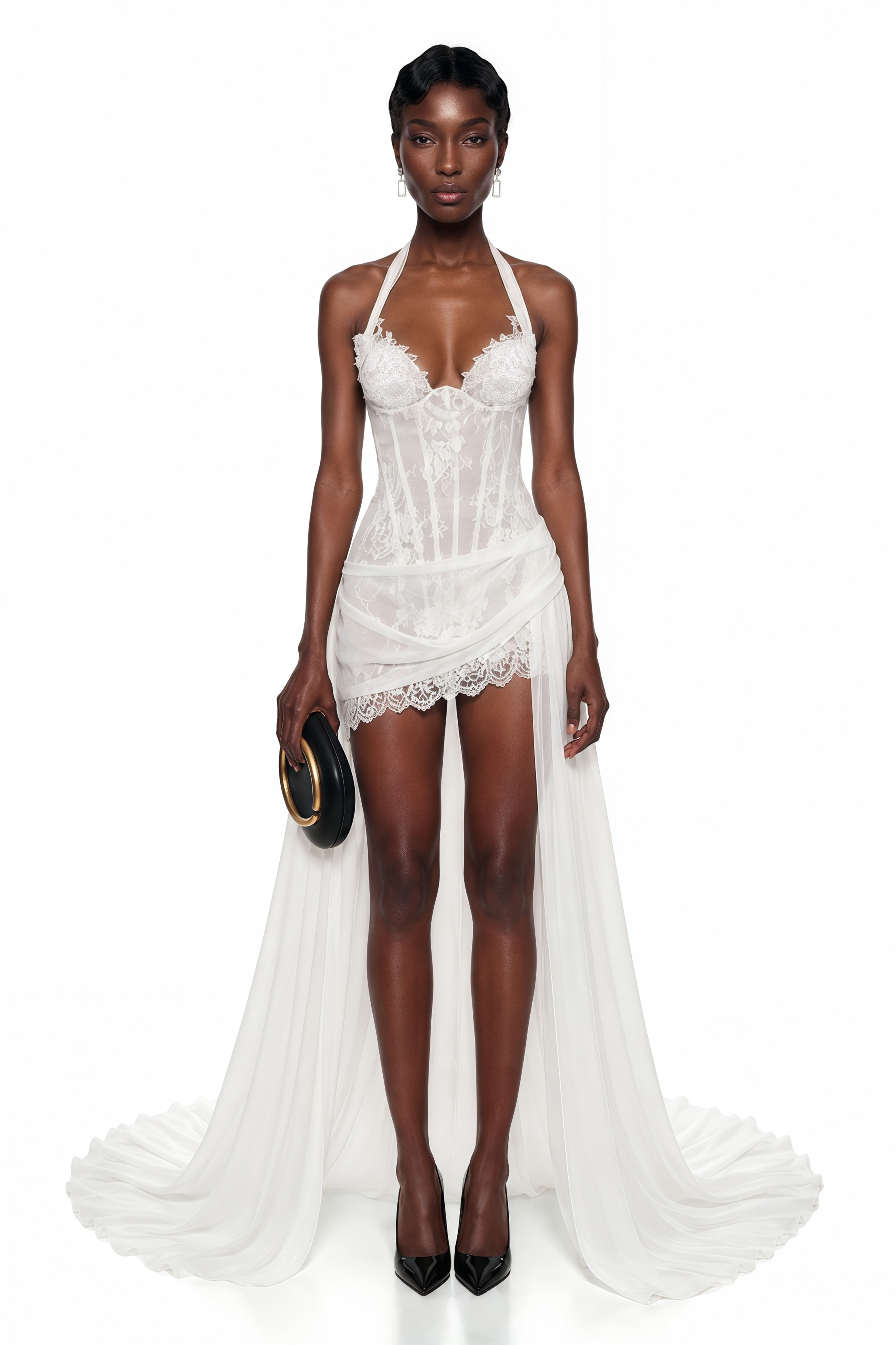White halter corset gown with lace cups and a draped high-slit skirt