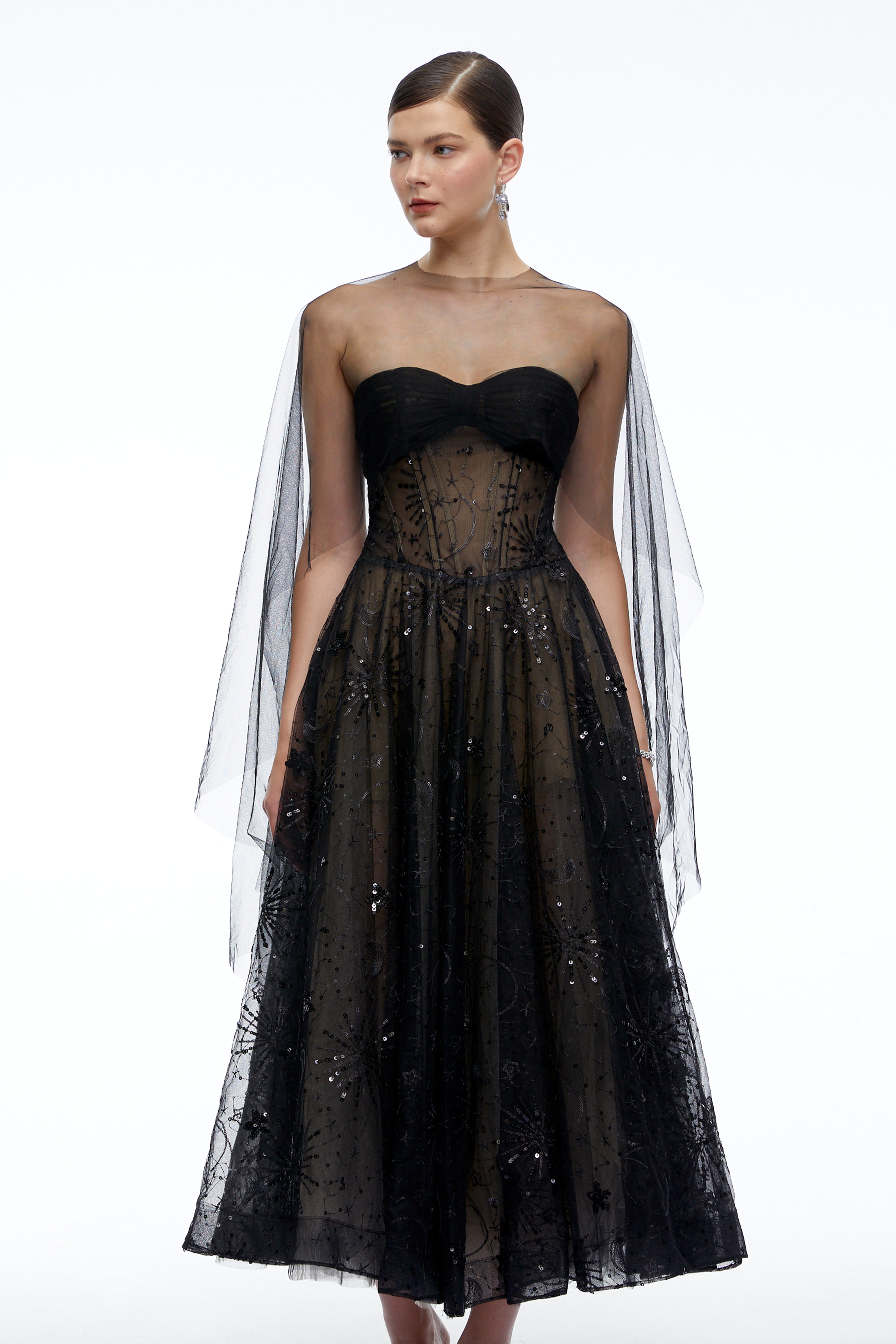 Celestine Black Strapless Corset Midi Dress with Shawl