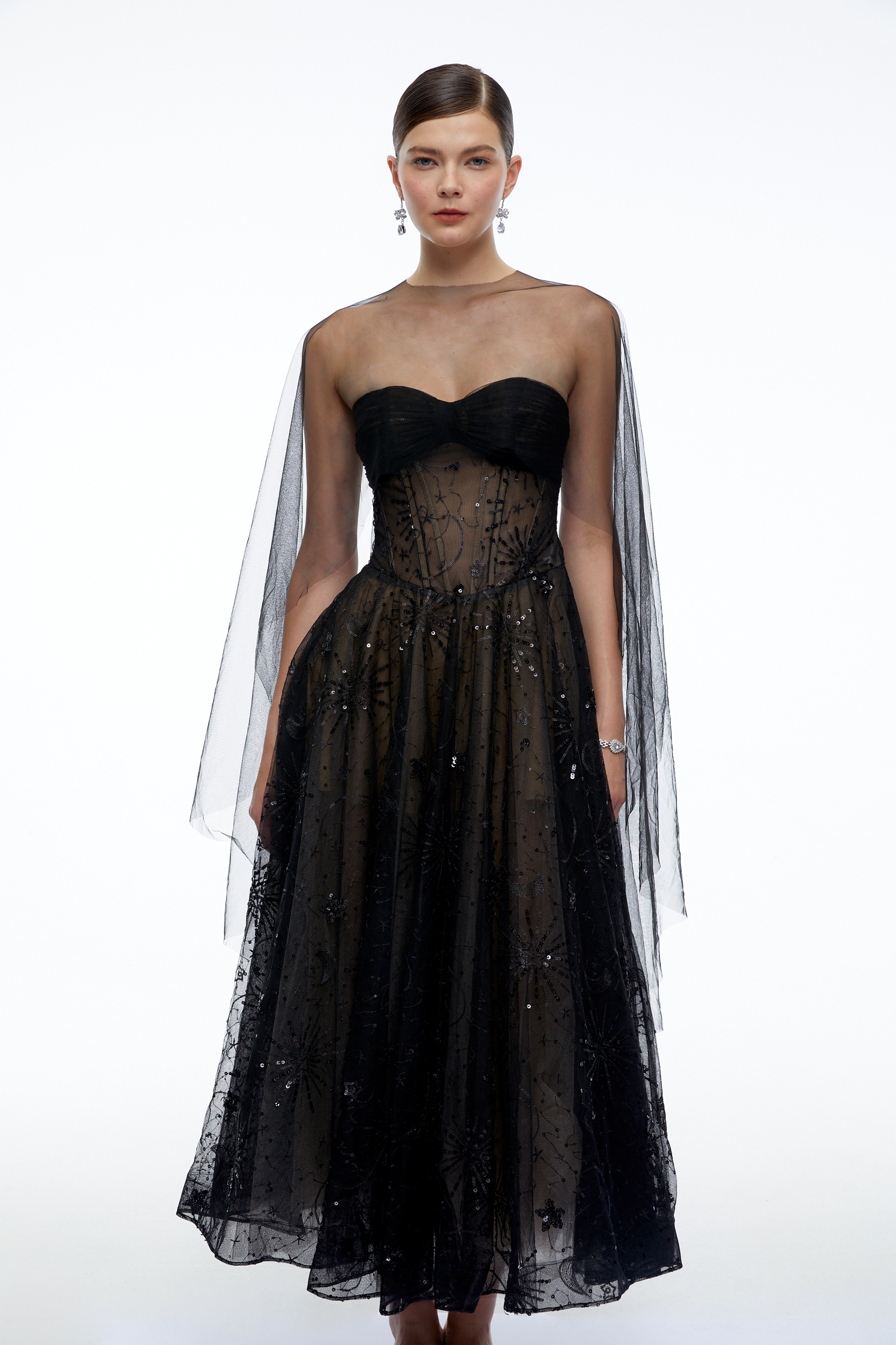 Celestine Black Strapless Corset Midi Dress with Shawl