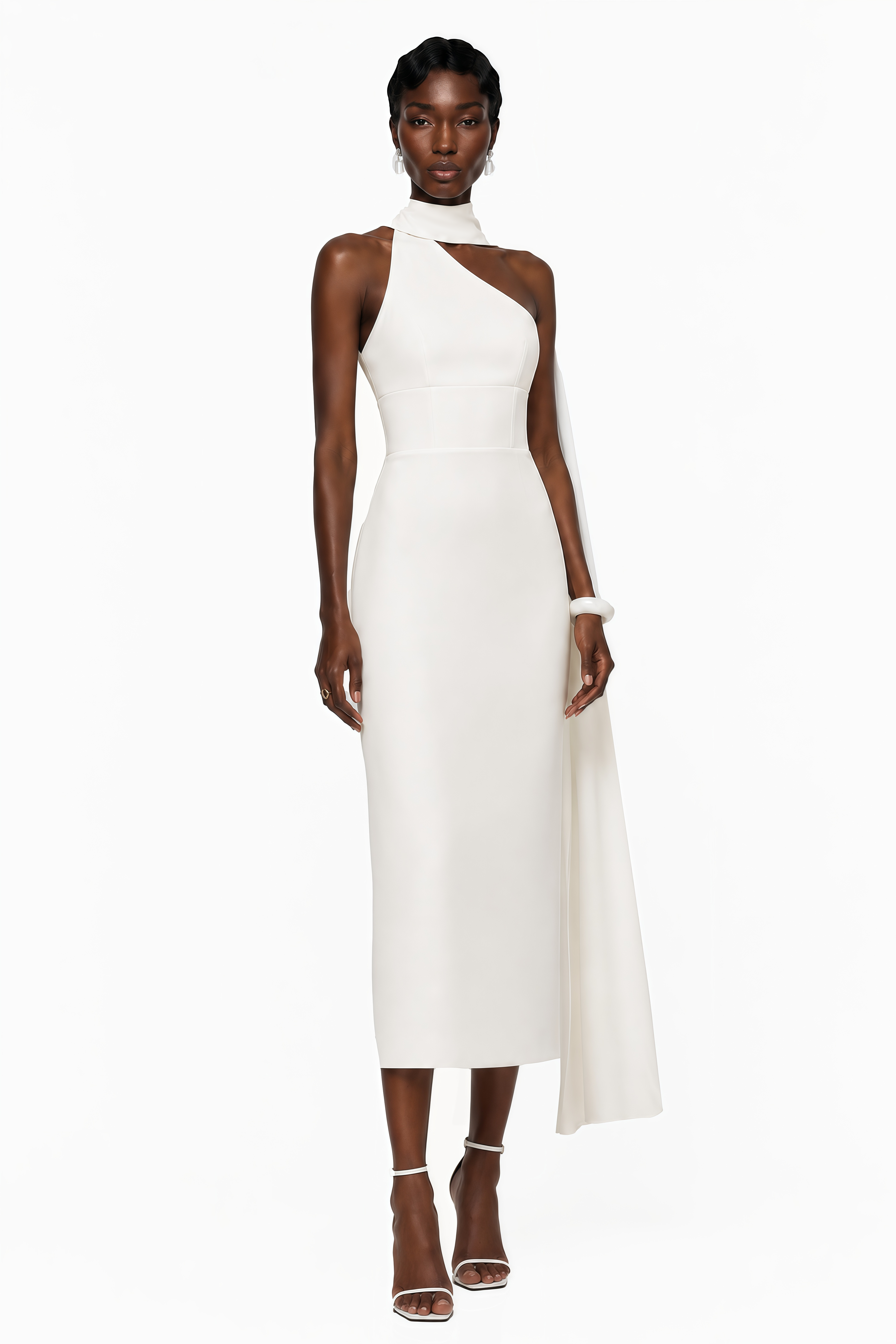 Cennet White One Shoulder Midi Dress with Cape (Final Sale-US Only)