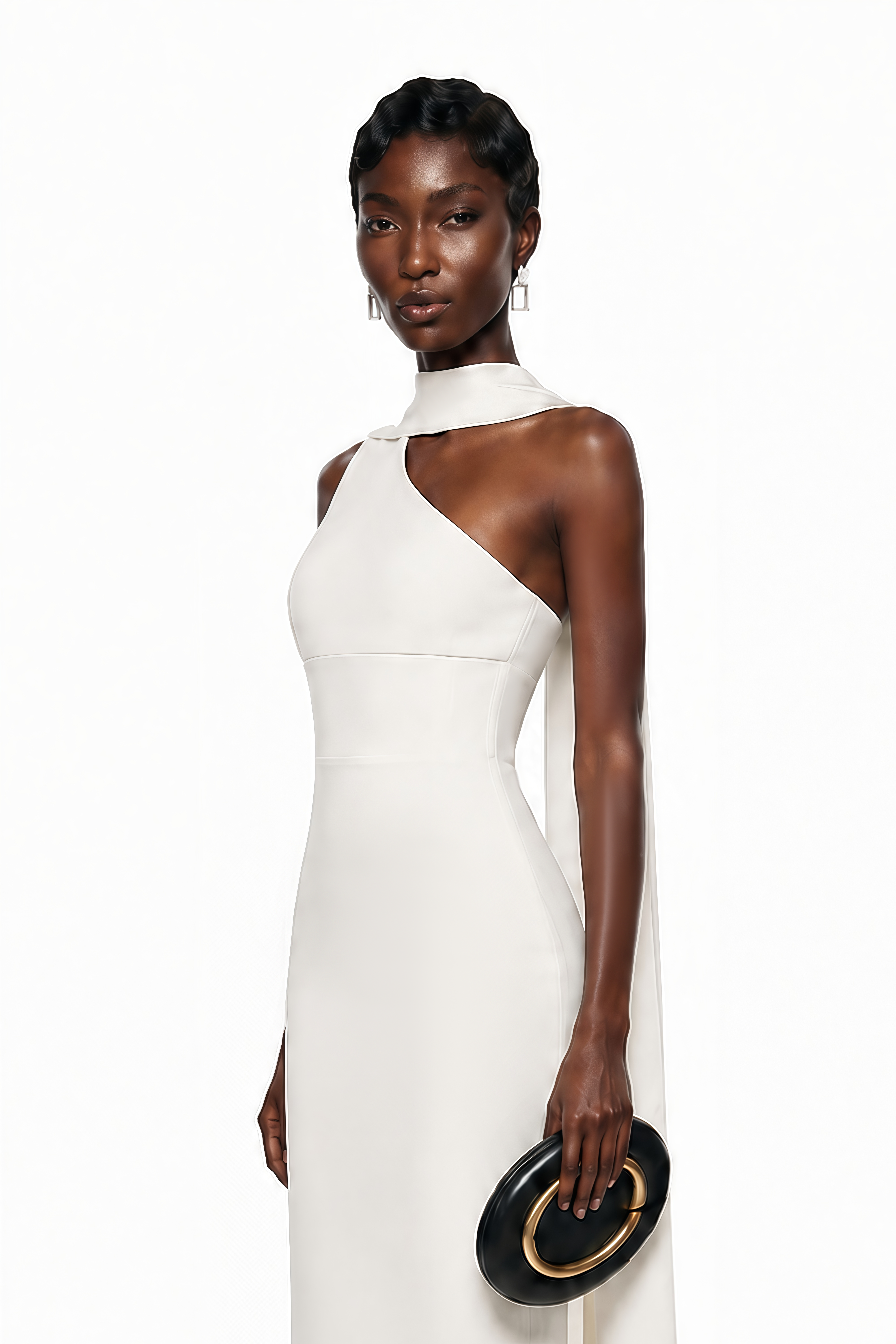 Cennet White One Shoulder Midi Dress with Cape (Final Sale-US Only)