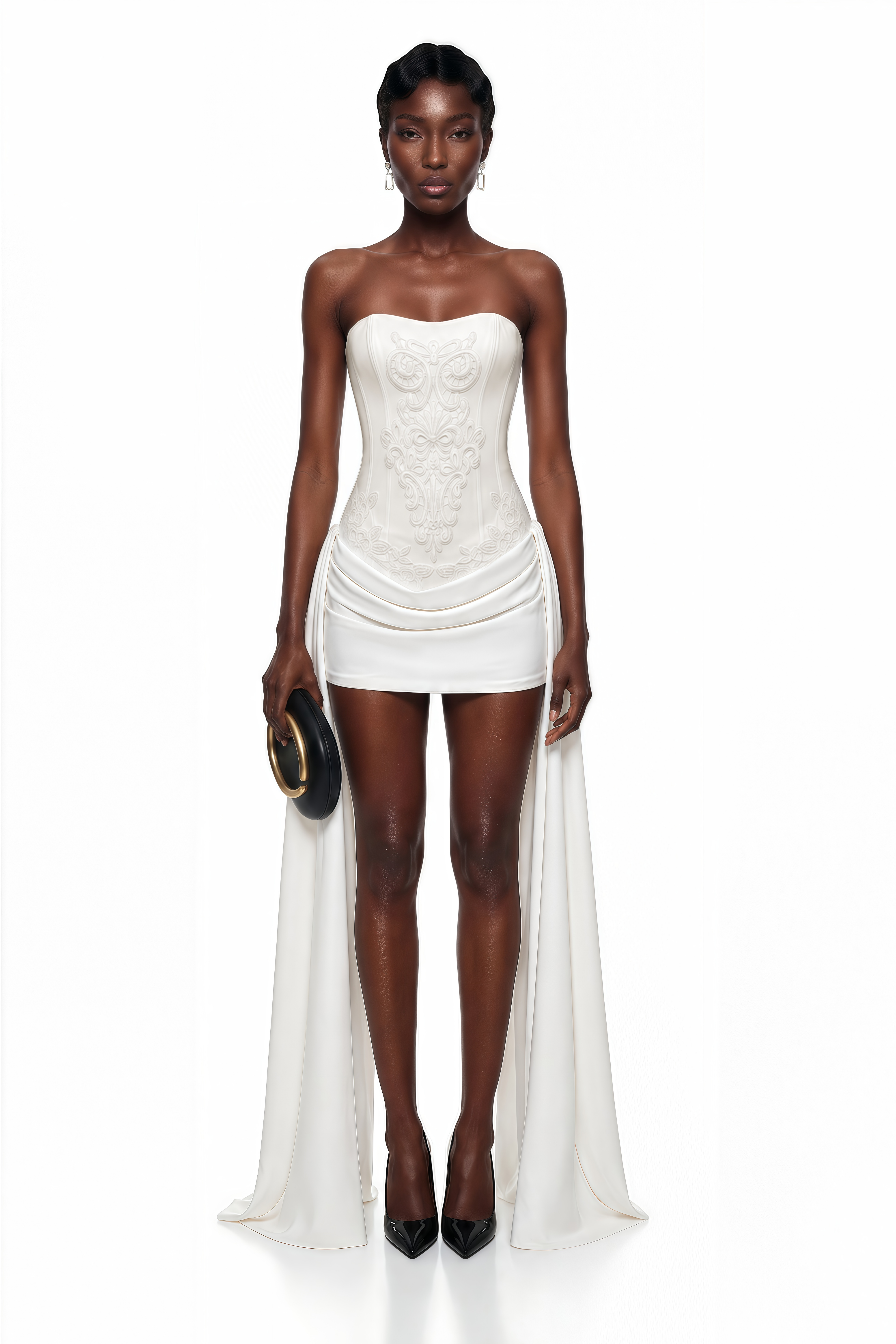 White strapless mini dress with an embroidered bodice and side drapes