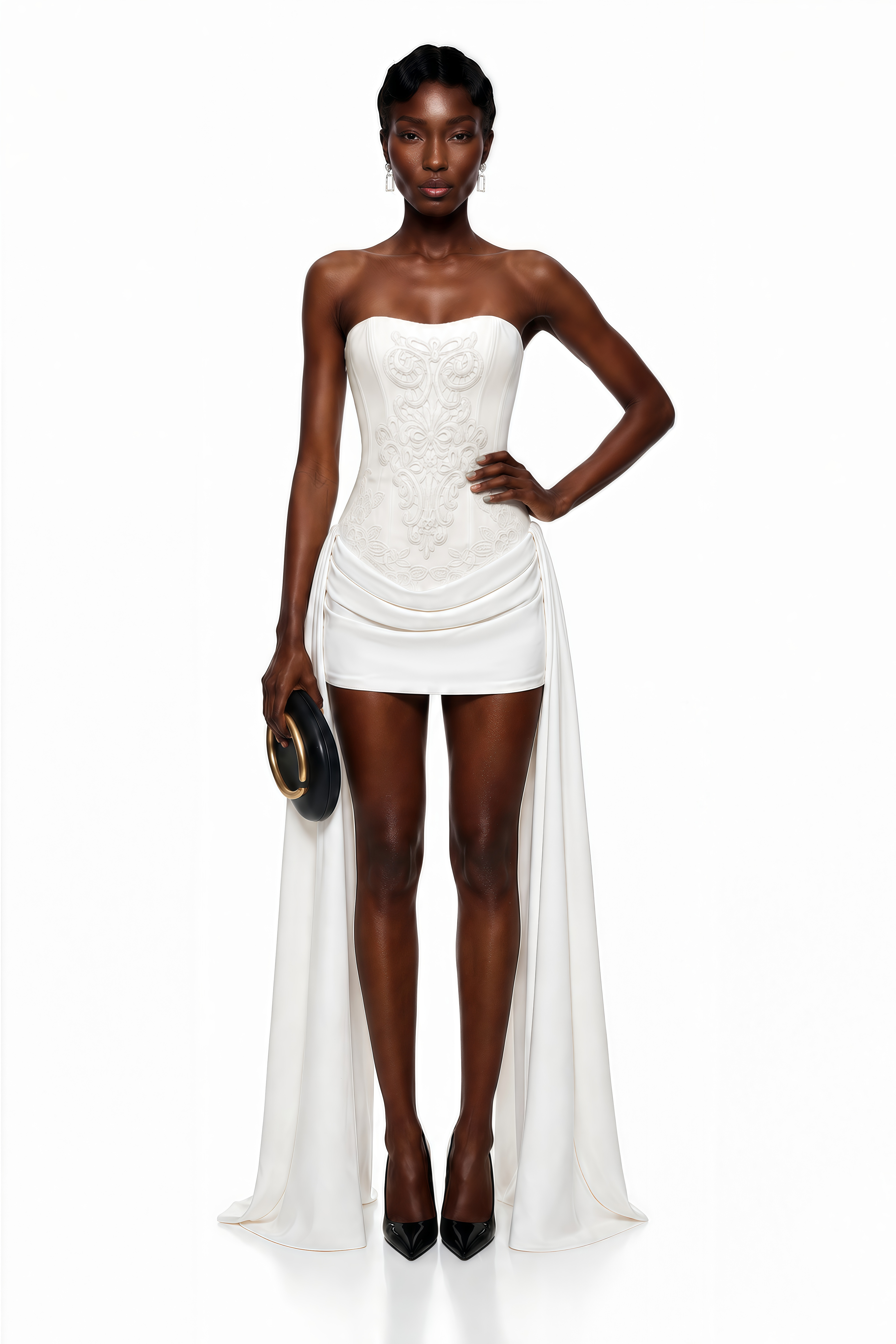 White strapless mini dress with an embroidered bodice and side drapes