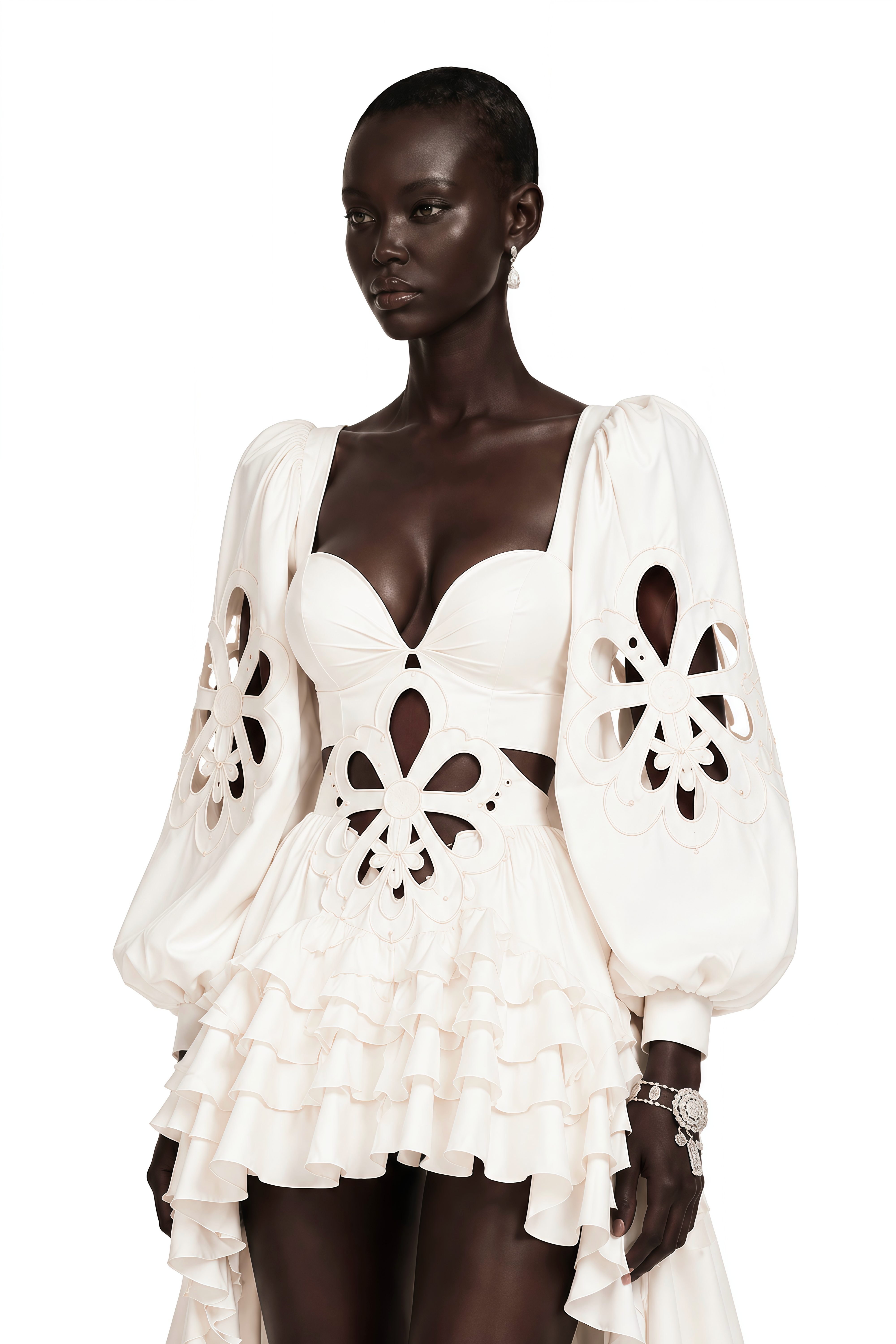 White high-low ruffle gown with cutout details