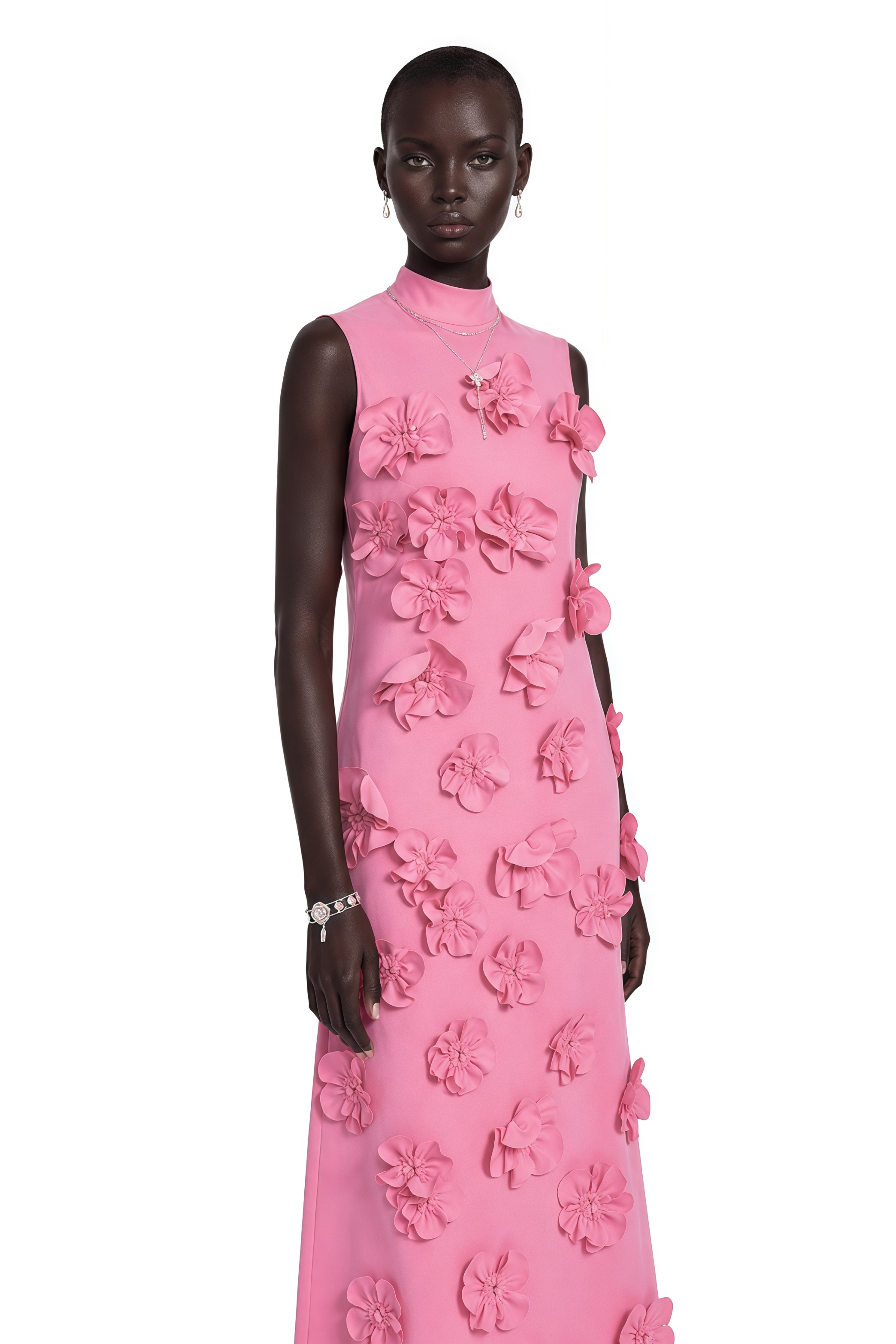 Pink sleeveless high-neck midi dress with 3D floral embellishments