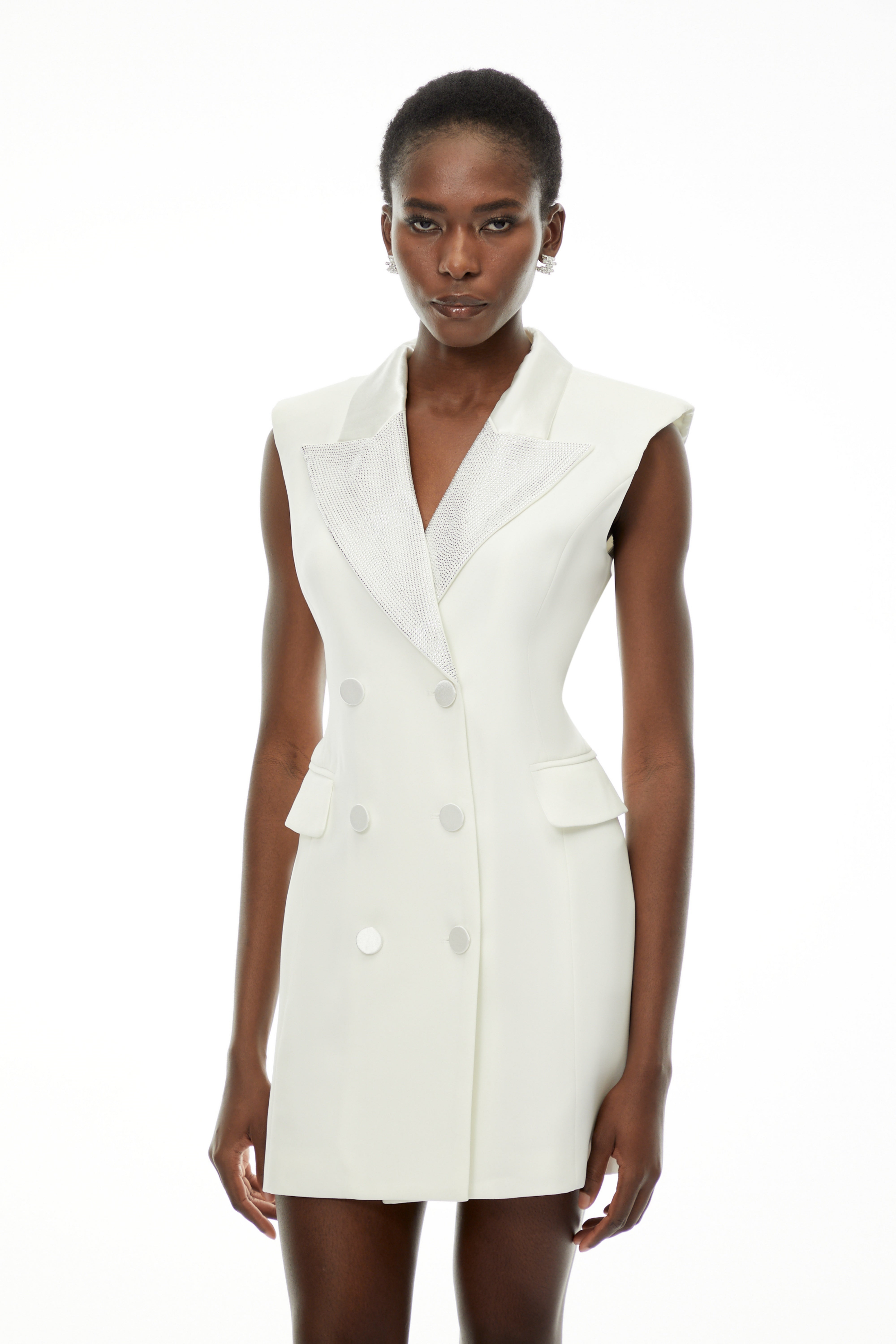 Chiara White Sequin Blazer Dress with Lapel Collar (Final Sale)
