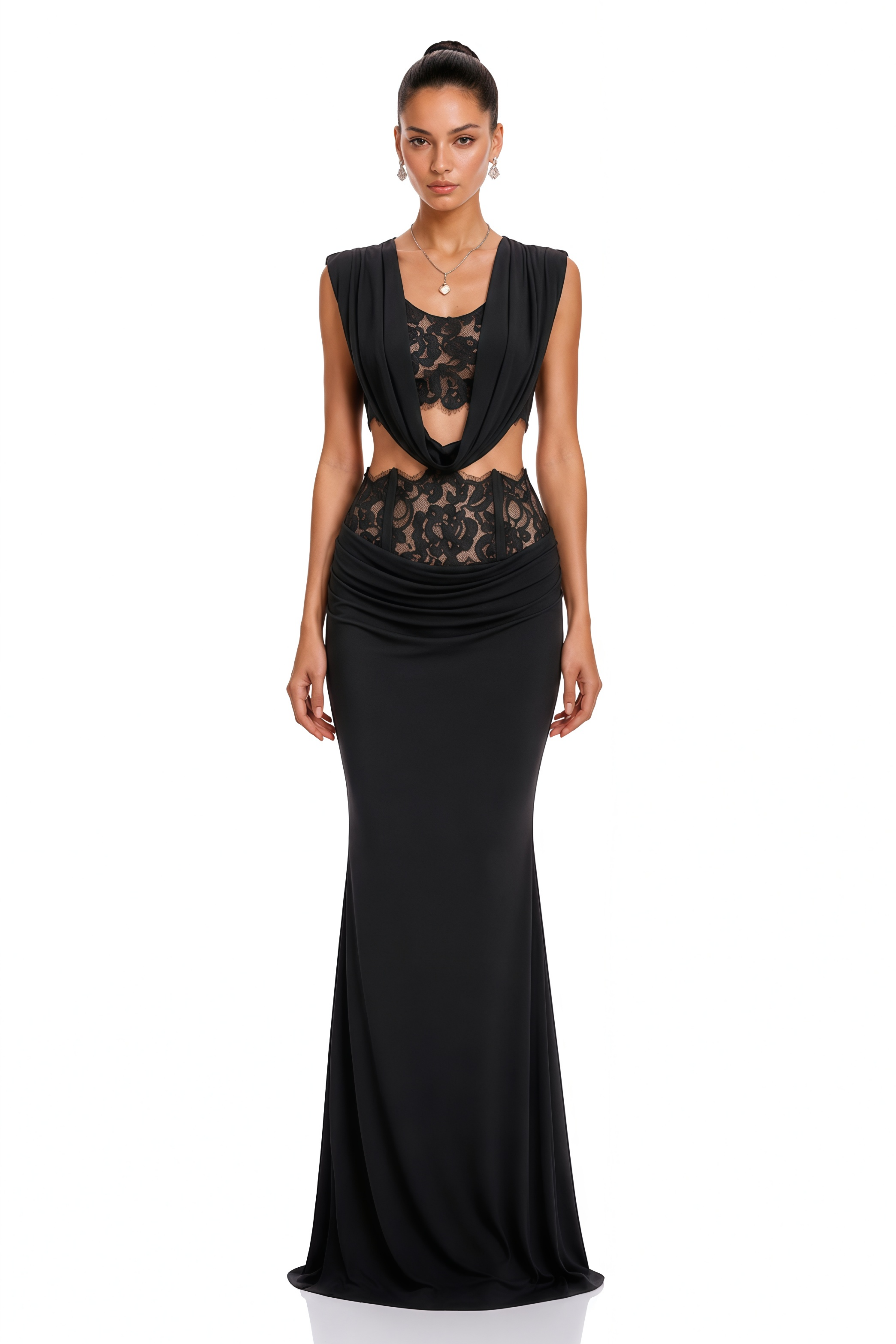 Christian Black Ruched Top & Skirt Set with Lace Panels