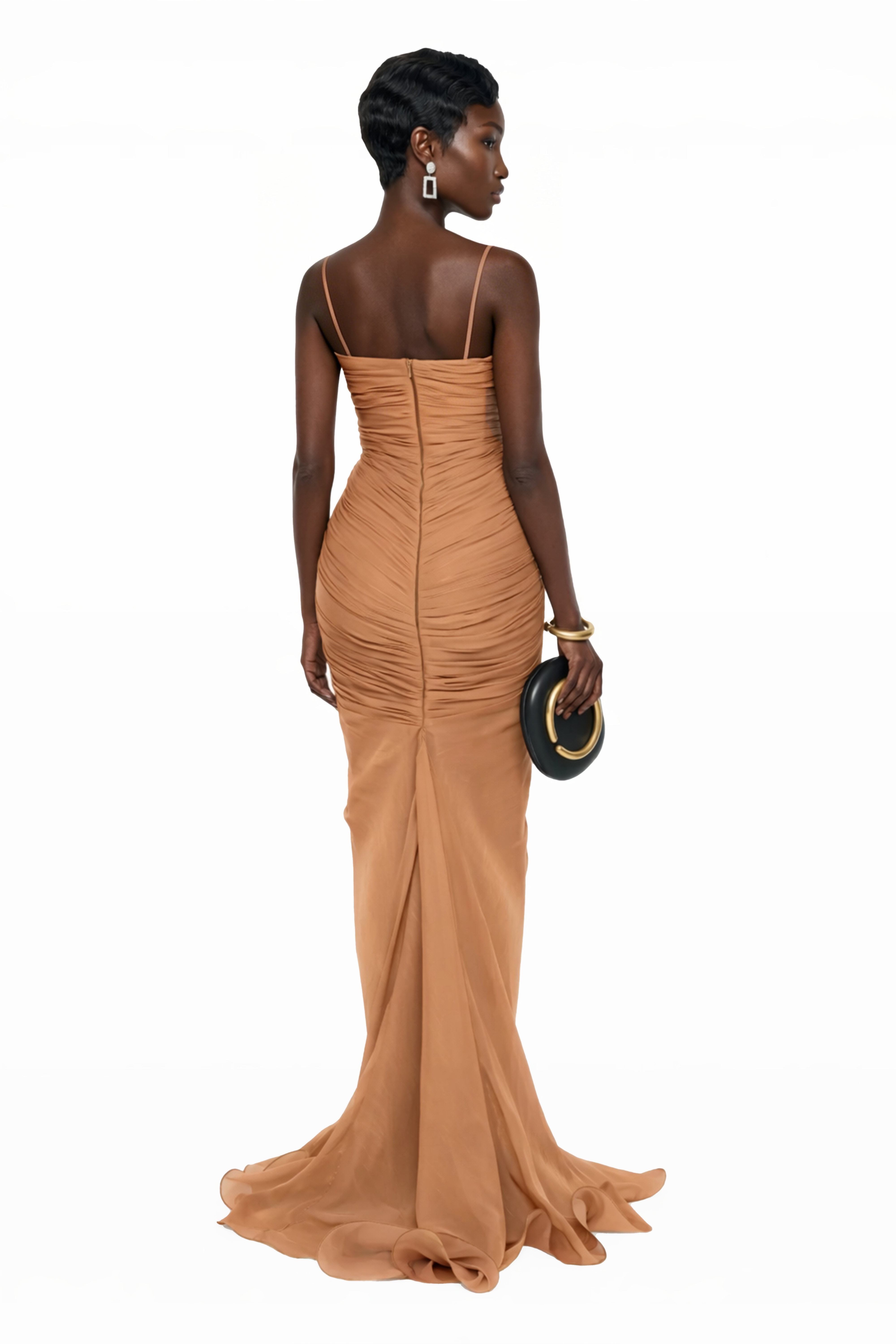 Tan ruched maxi dress featuring a built-in cape overlay and a vertical row of 3D fabric rosettes