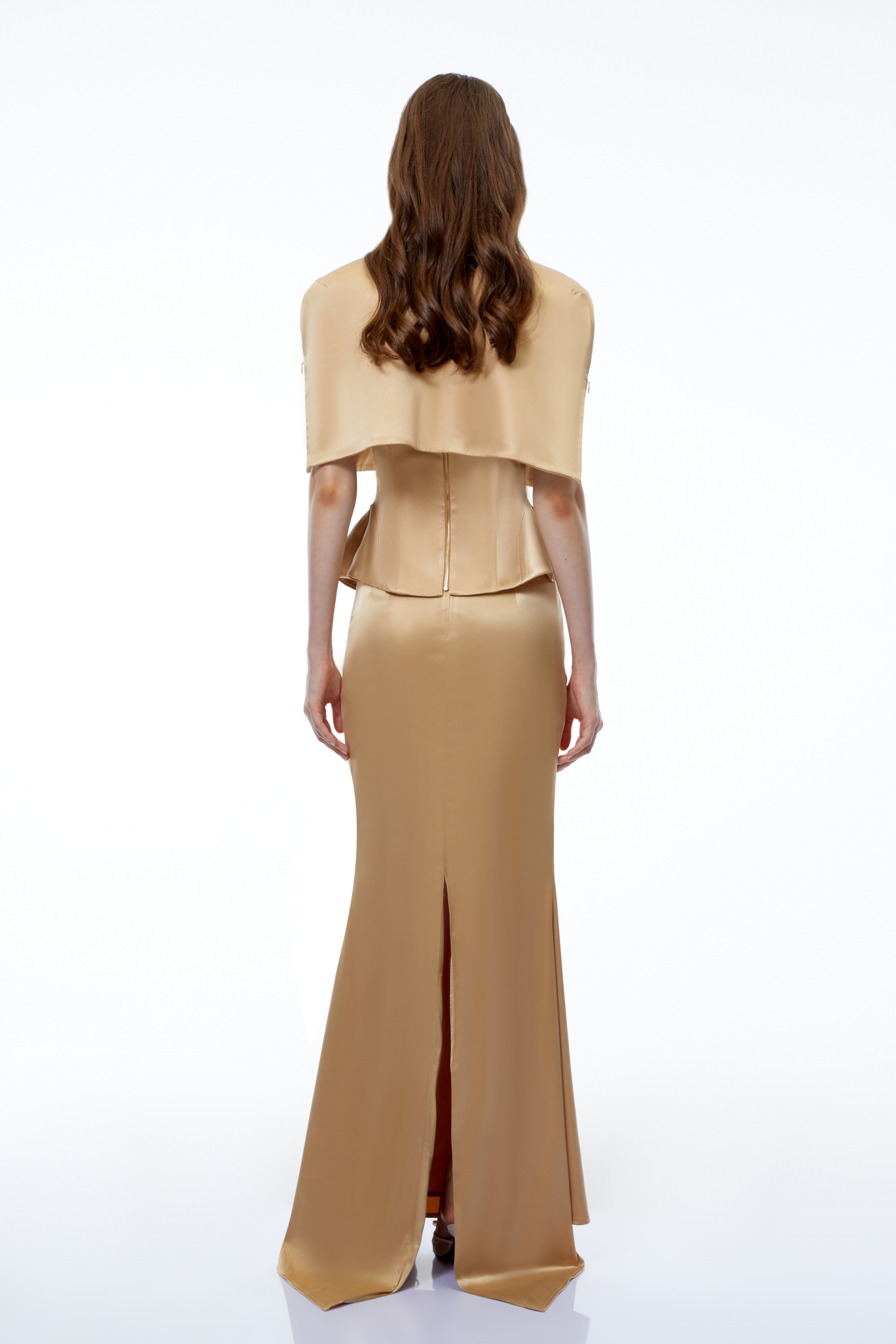 Beige structured gown with a matching bolero and a mermaid skirt