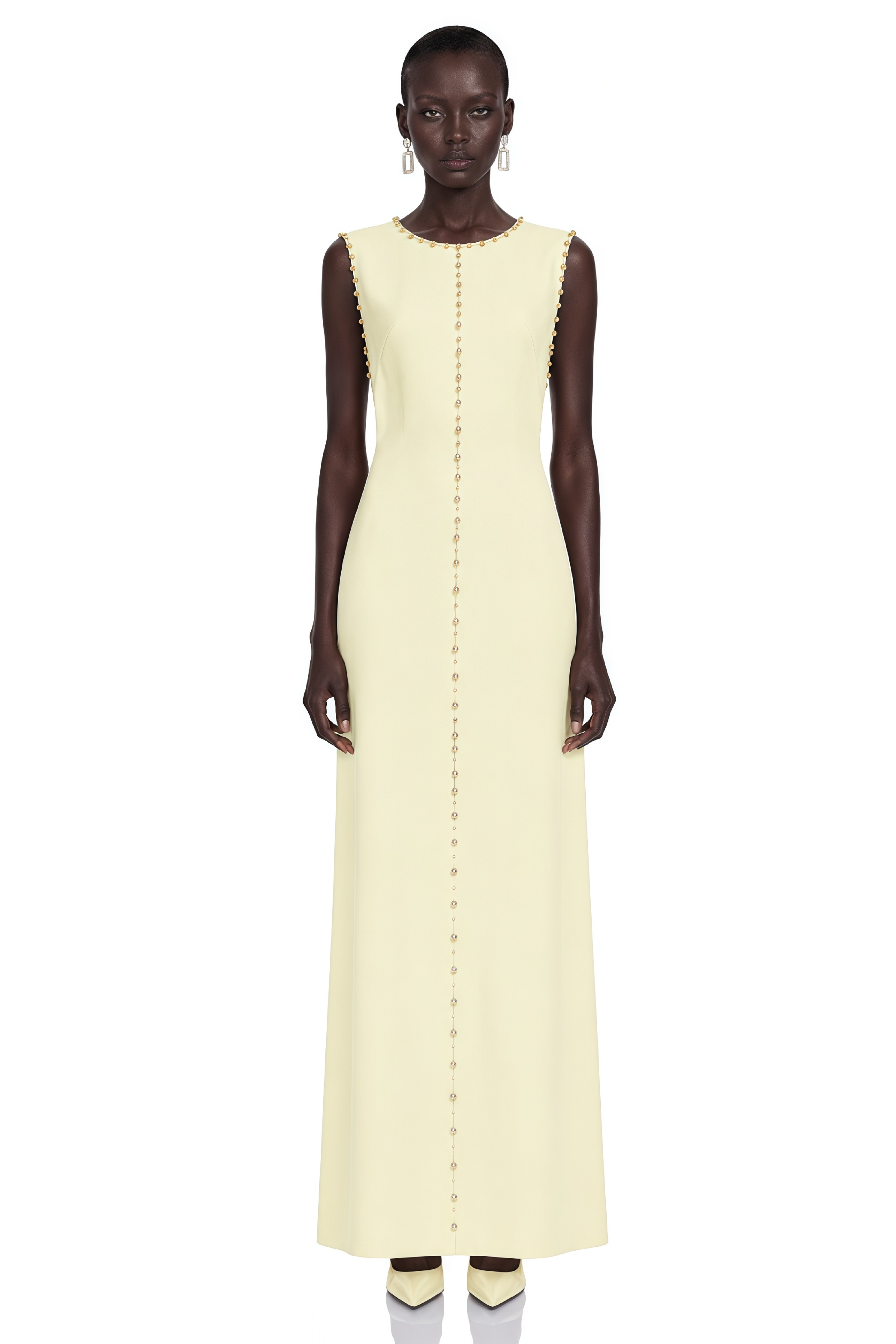 Clarisse Yellow Rhinestone Front A-Line Maxi Dress