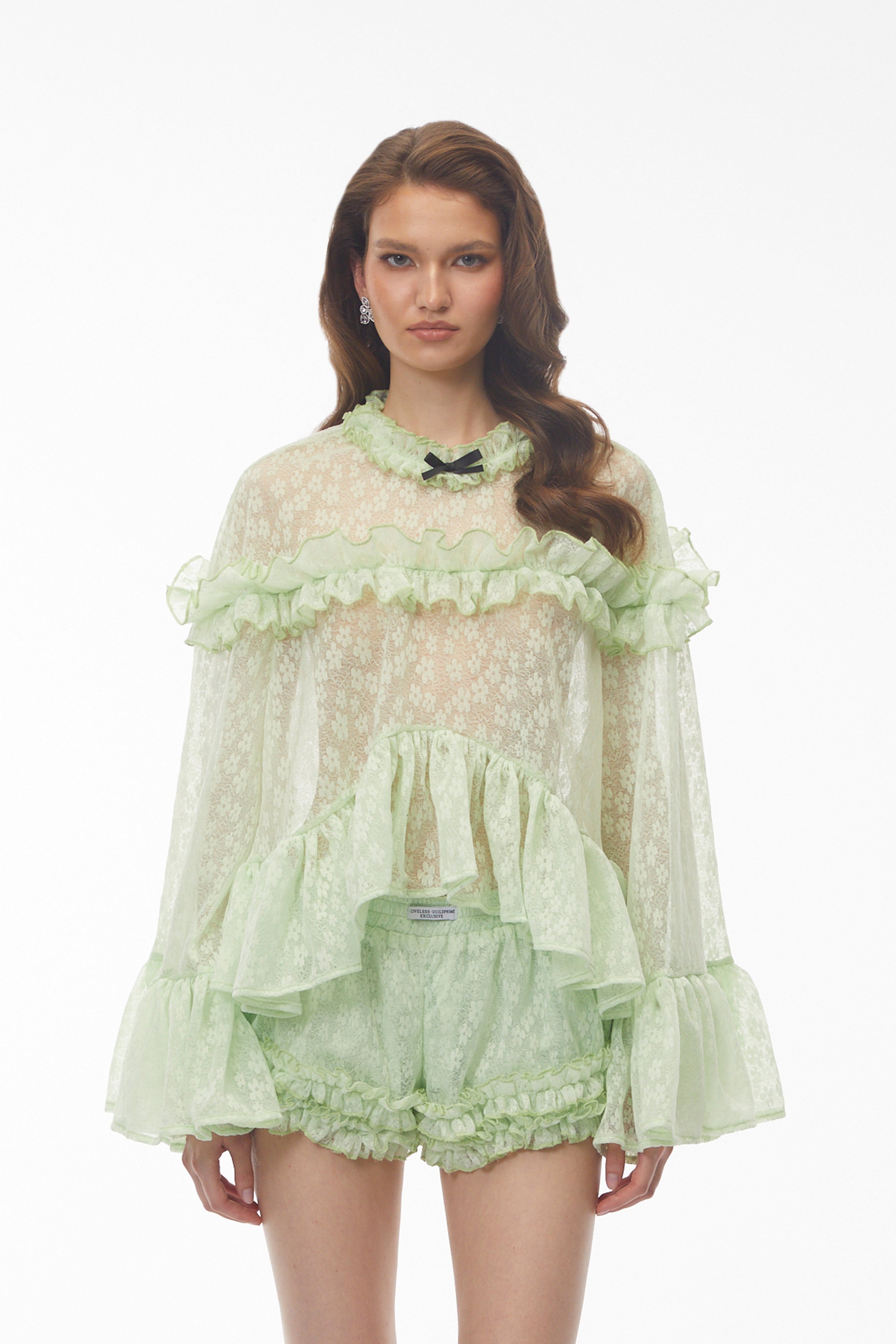 Colette Mint Green Floral Lace Ruffled Top & Shorts Set (Final Sale)