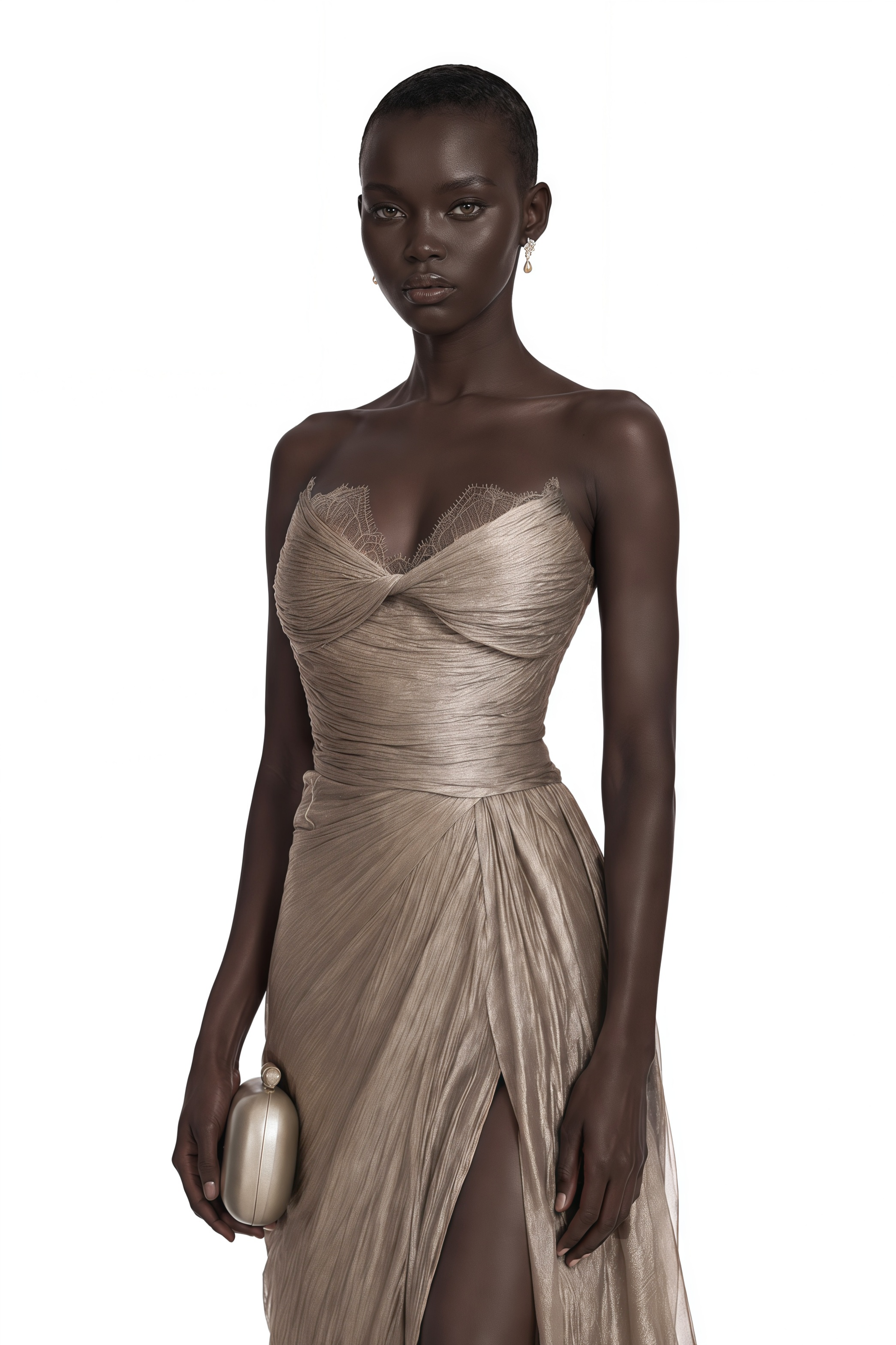 Taupe strapless maxi dress with a pleated, draped skirt