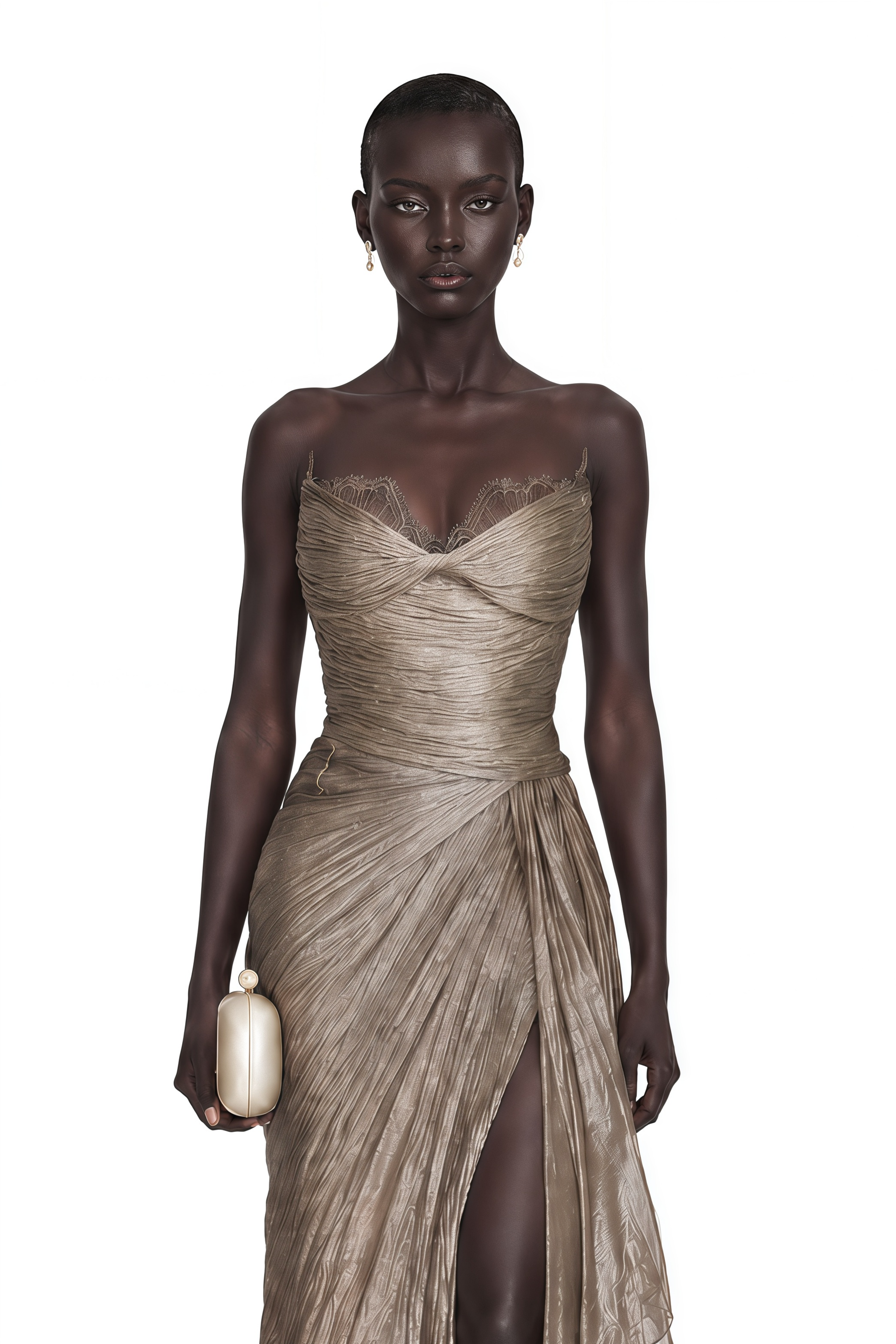 Taupe strapless maxi dress with a pleated, draped skirt