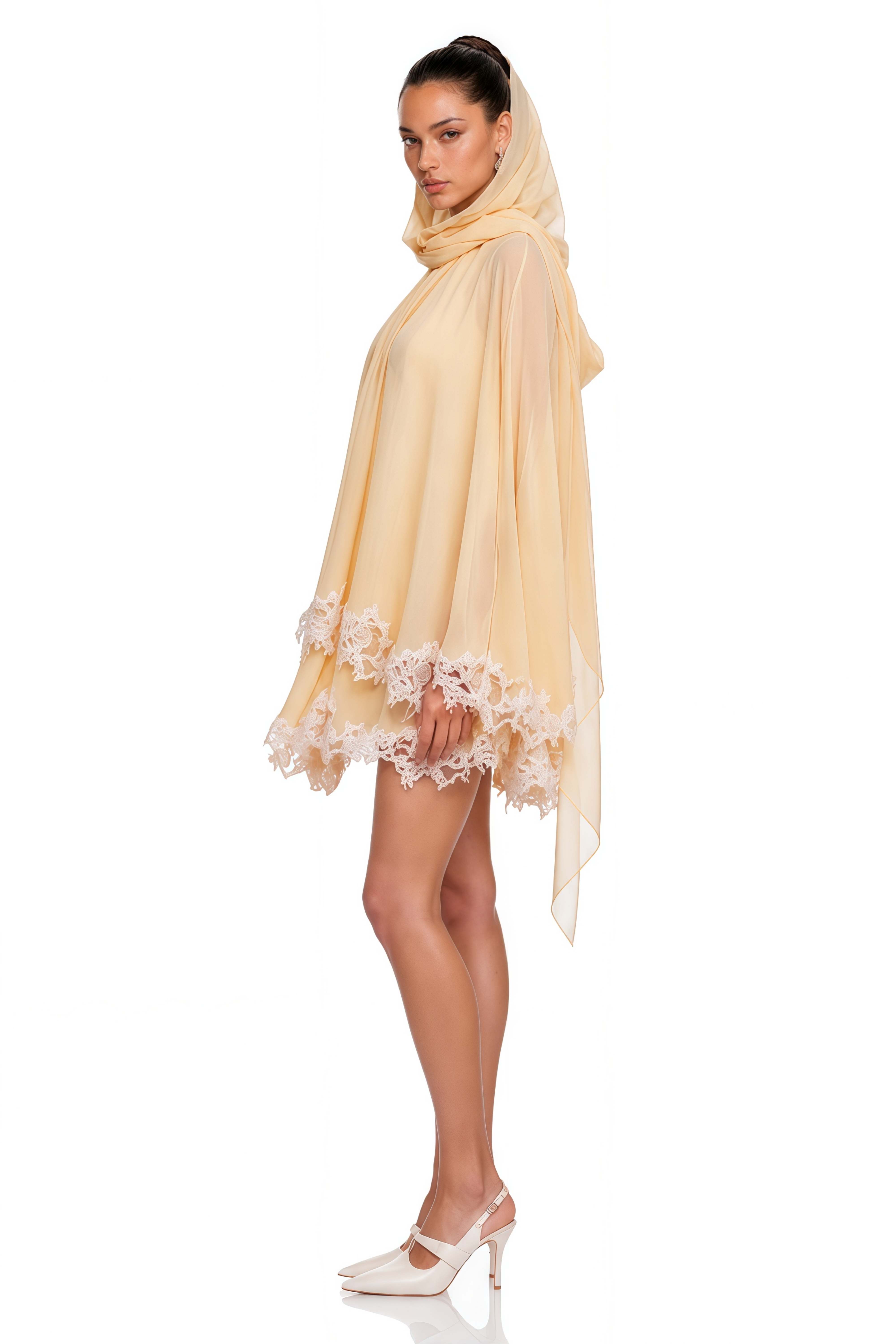 Consuela Neutral Pleated Mini Dress with Lace Trim