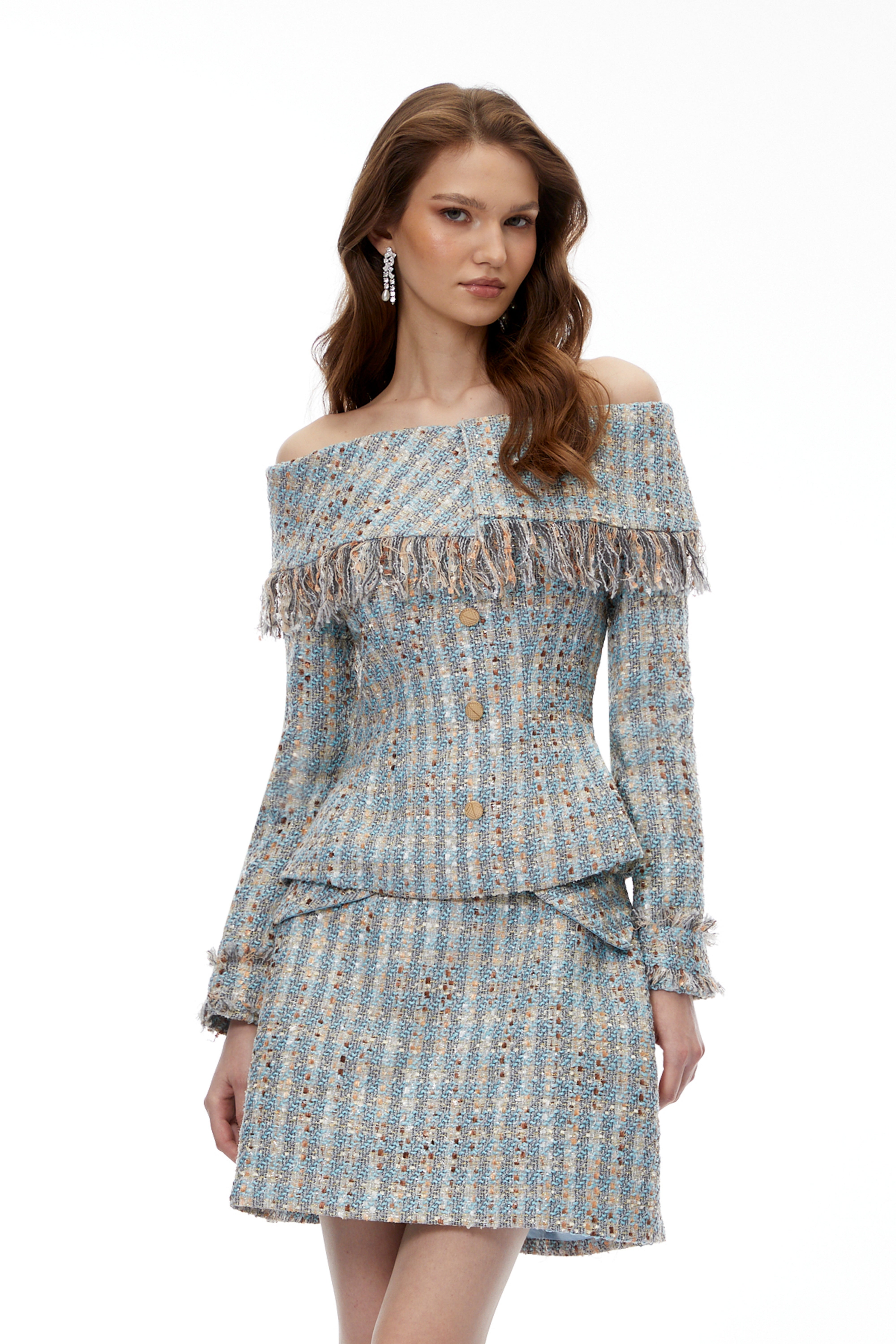 Coraline Blue Off Shoulder Tweed Top & Skirt Set (Final Sale)
