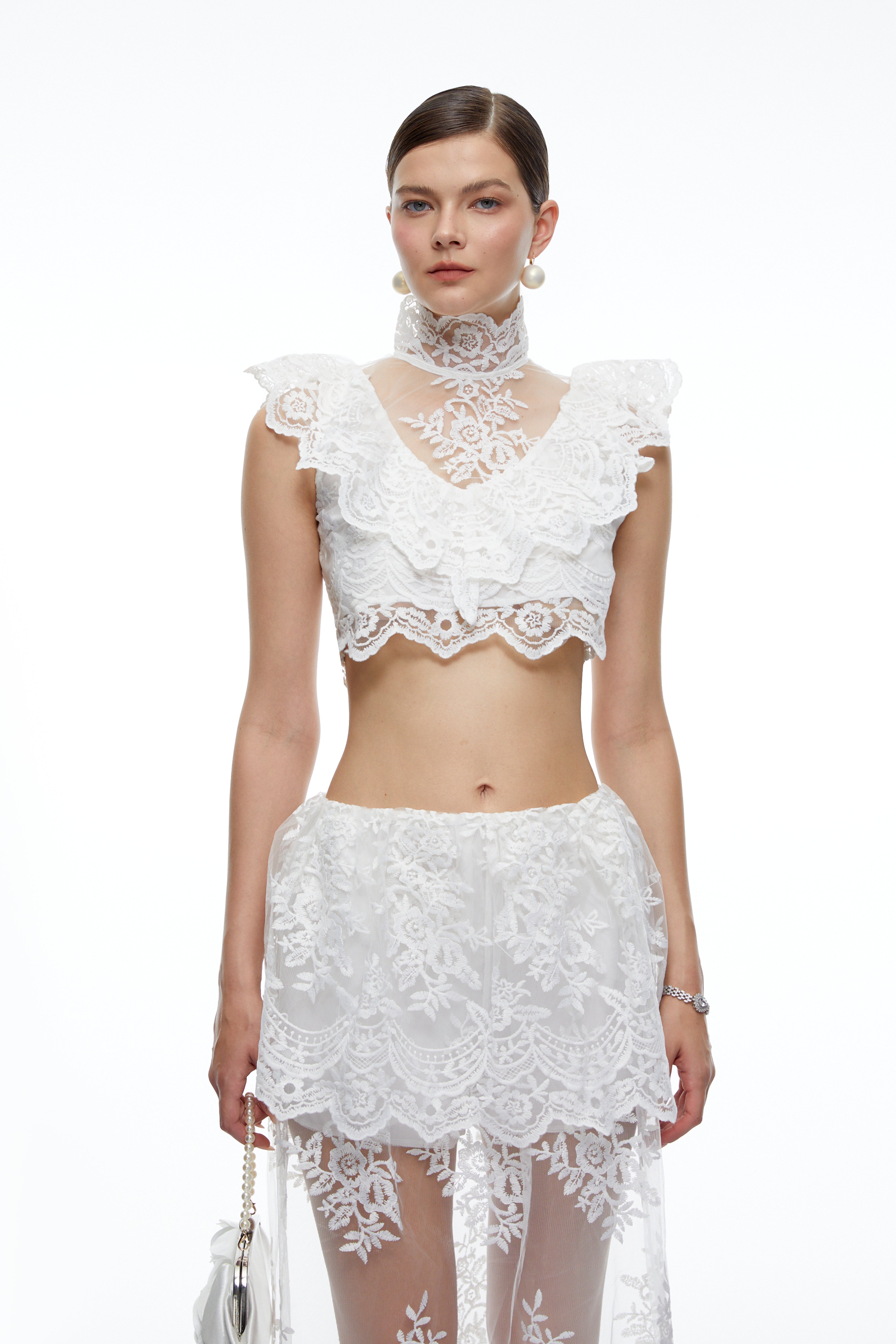 Corinne White Floral Lace Ruffled Top & Skirt Set