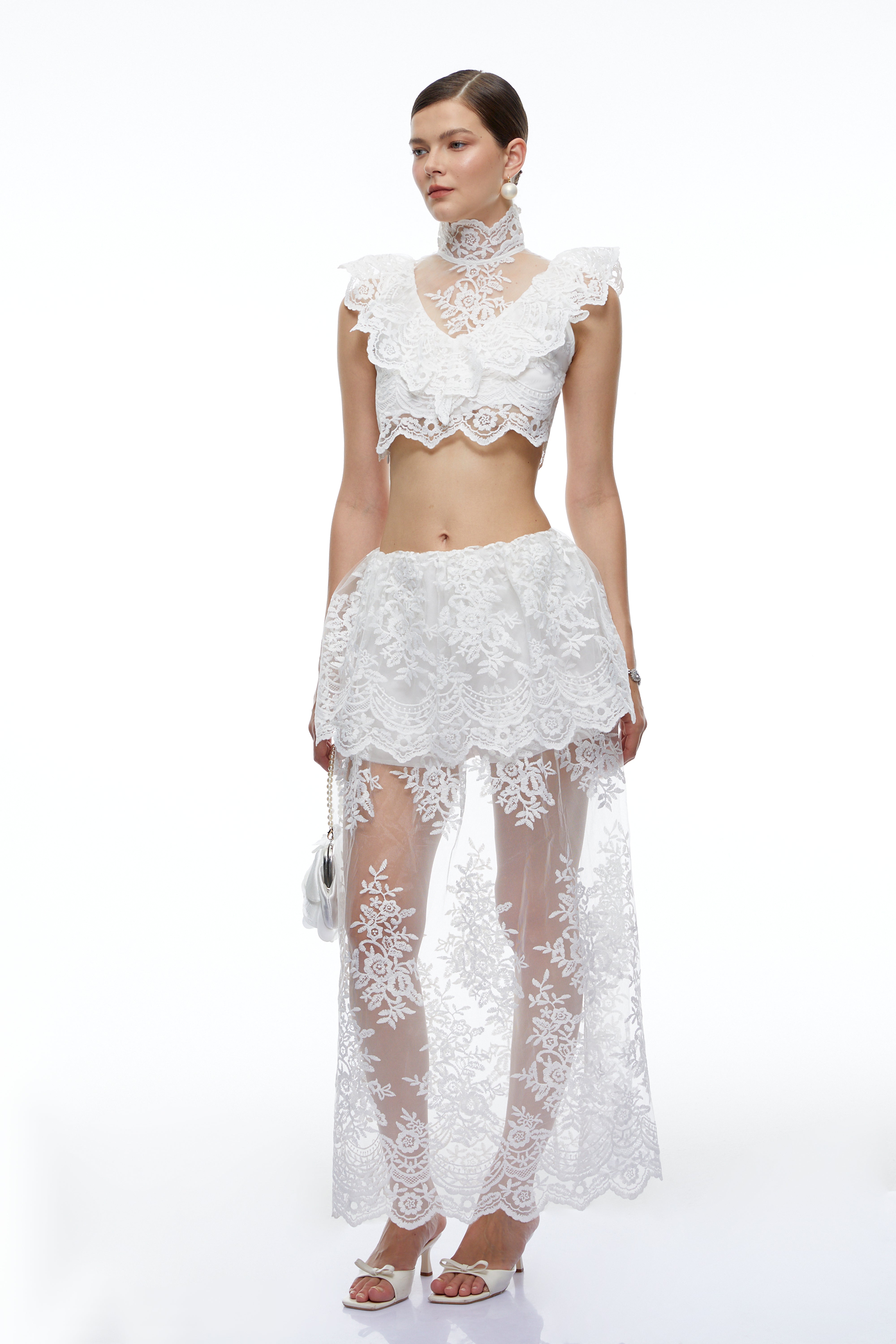 Corinne White Floral Lace Ruffled Top & Skirt Set