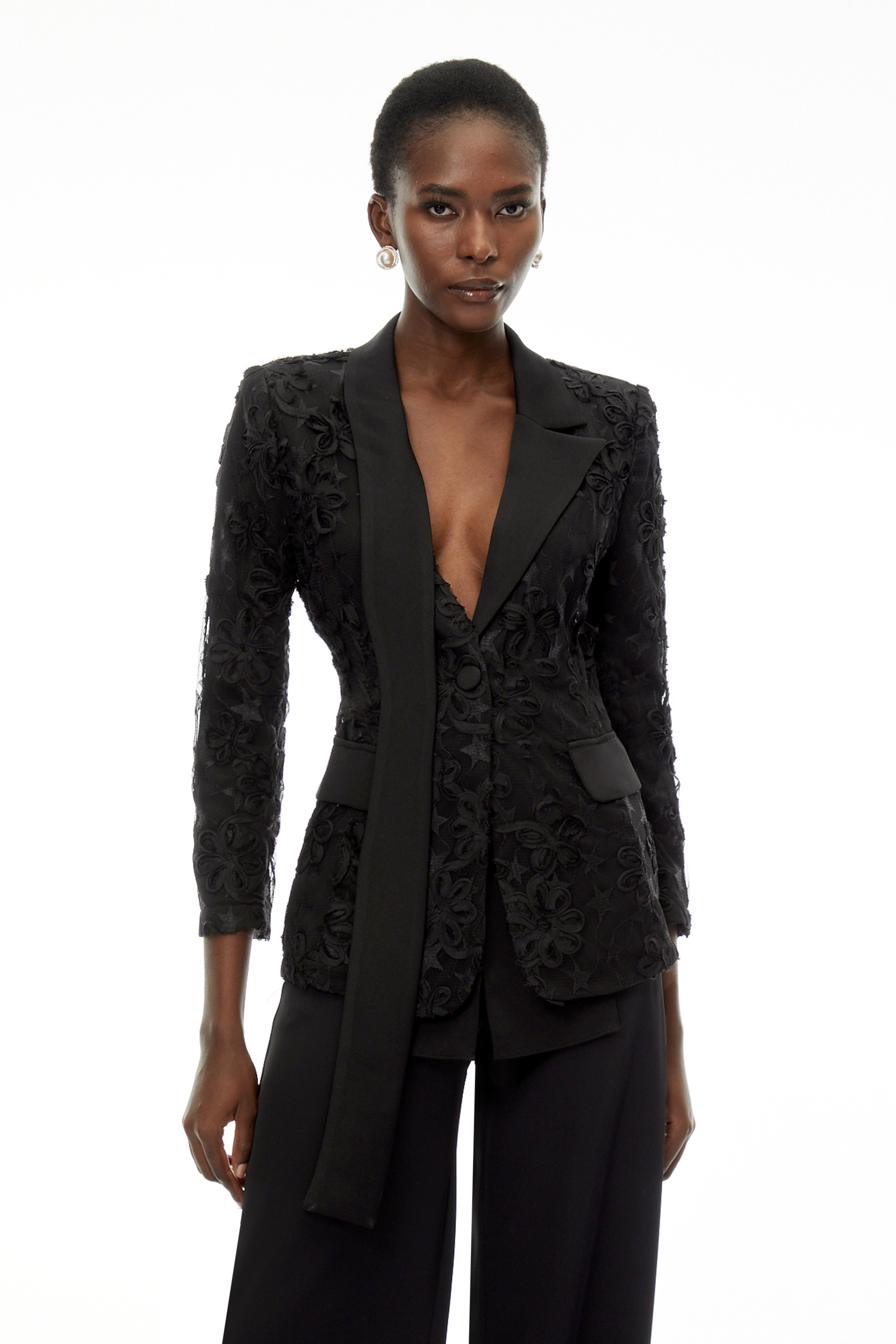 Cosima Black Floral Blazer with Lapel Collar