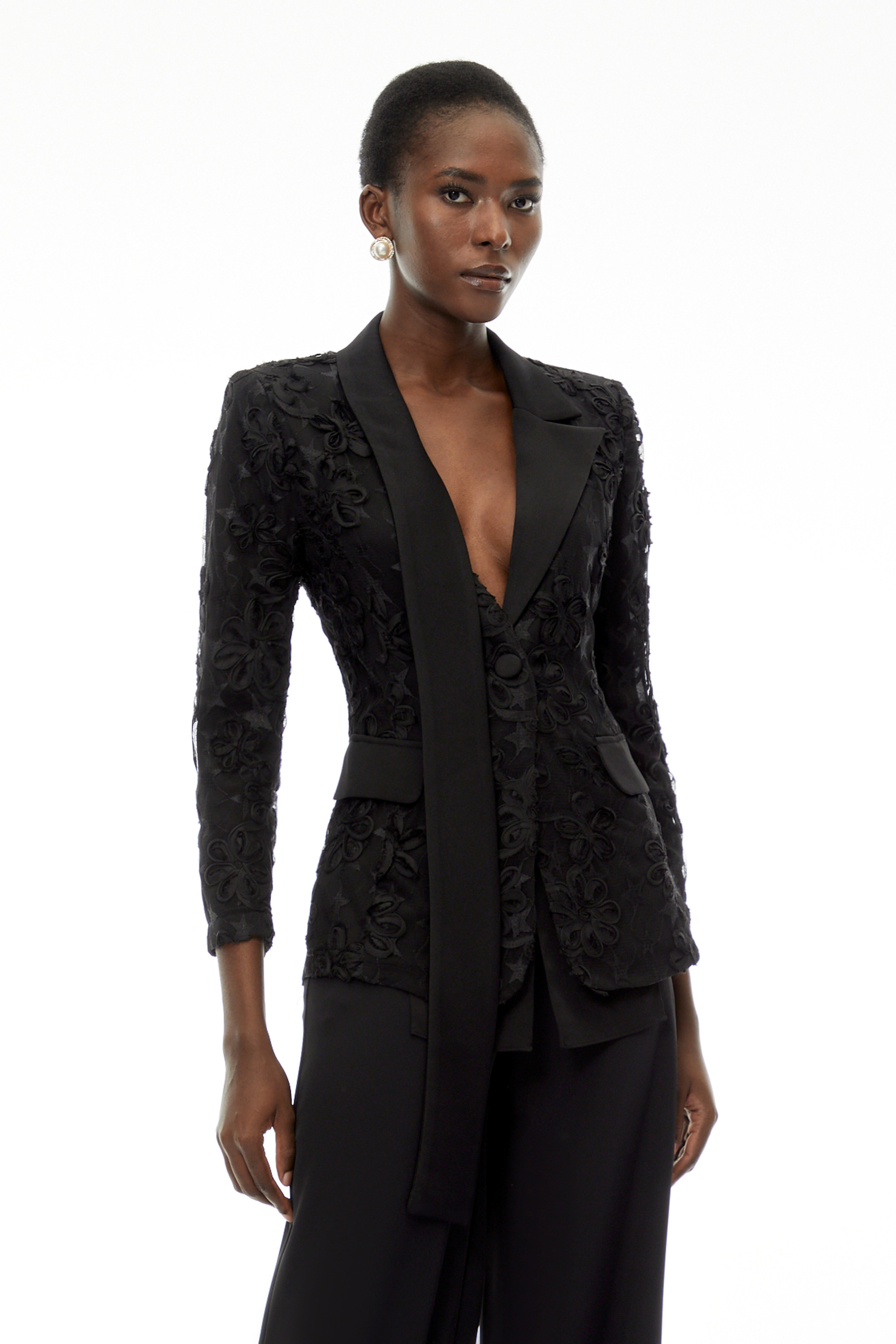 Cosima Black Floral Blazer with Lapel Collar