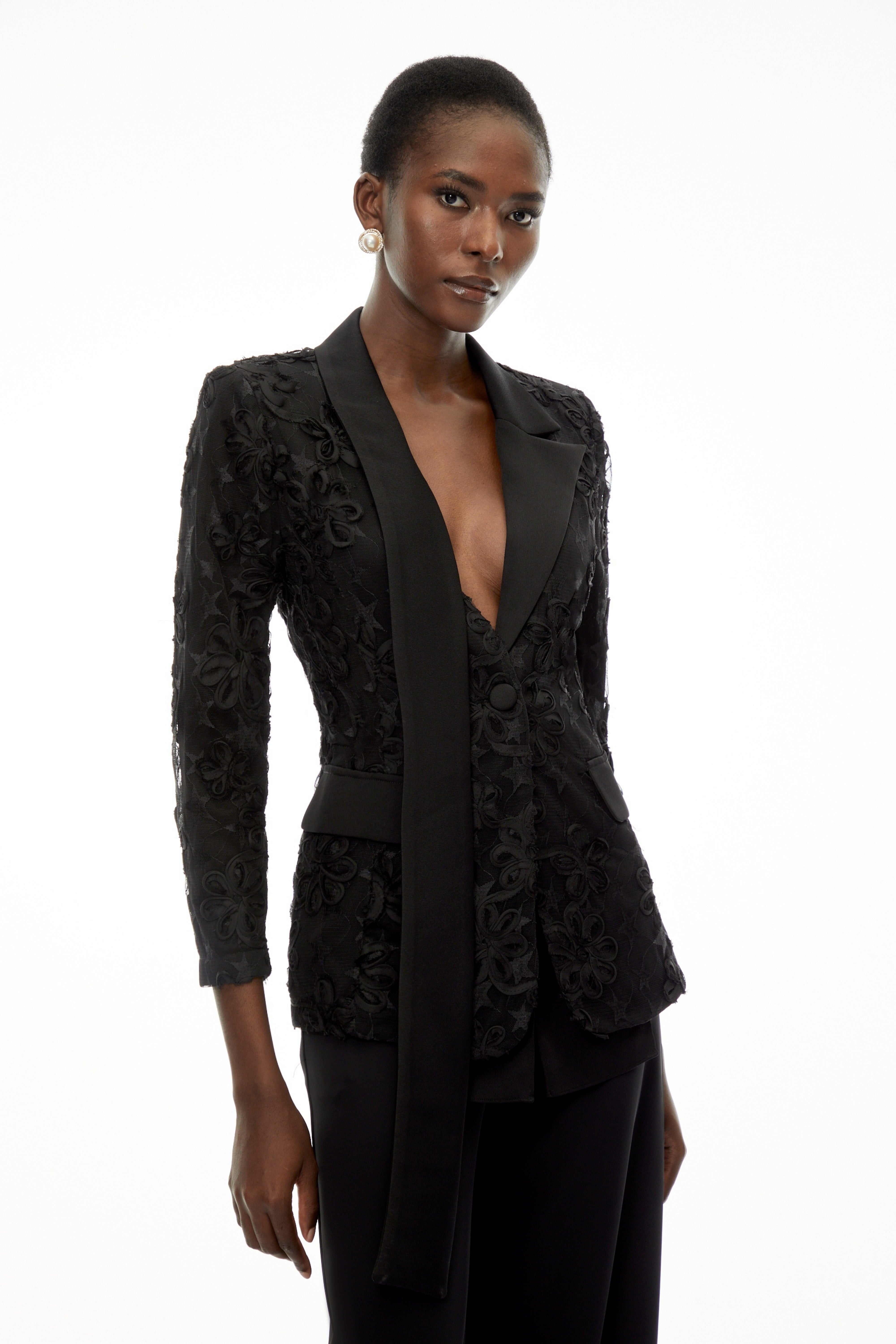 Cosima Black Floral Blazer with Lapel Collar (Final Sale)