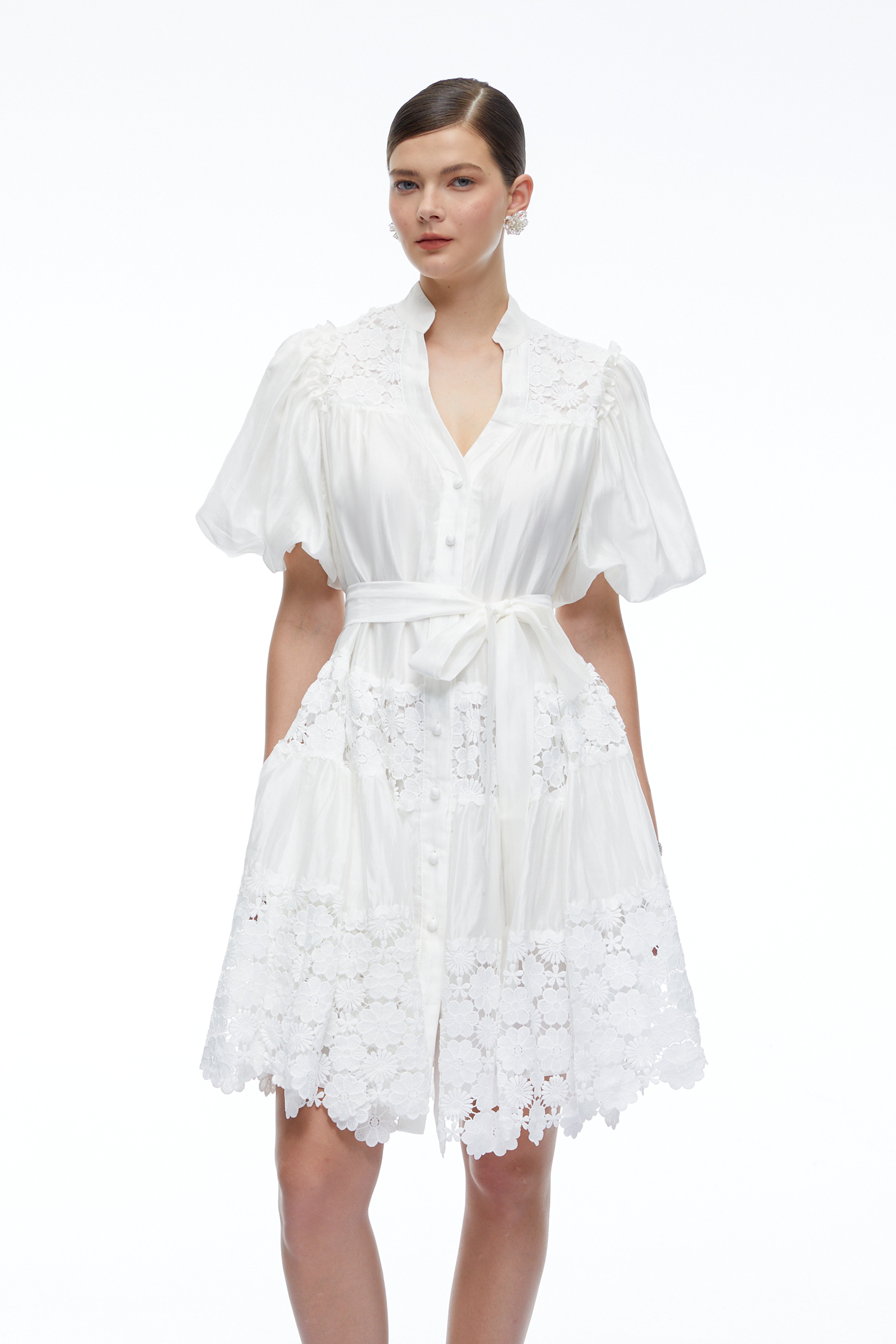 Cosima White Lace Puff Sleeves Mini Dress