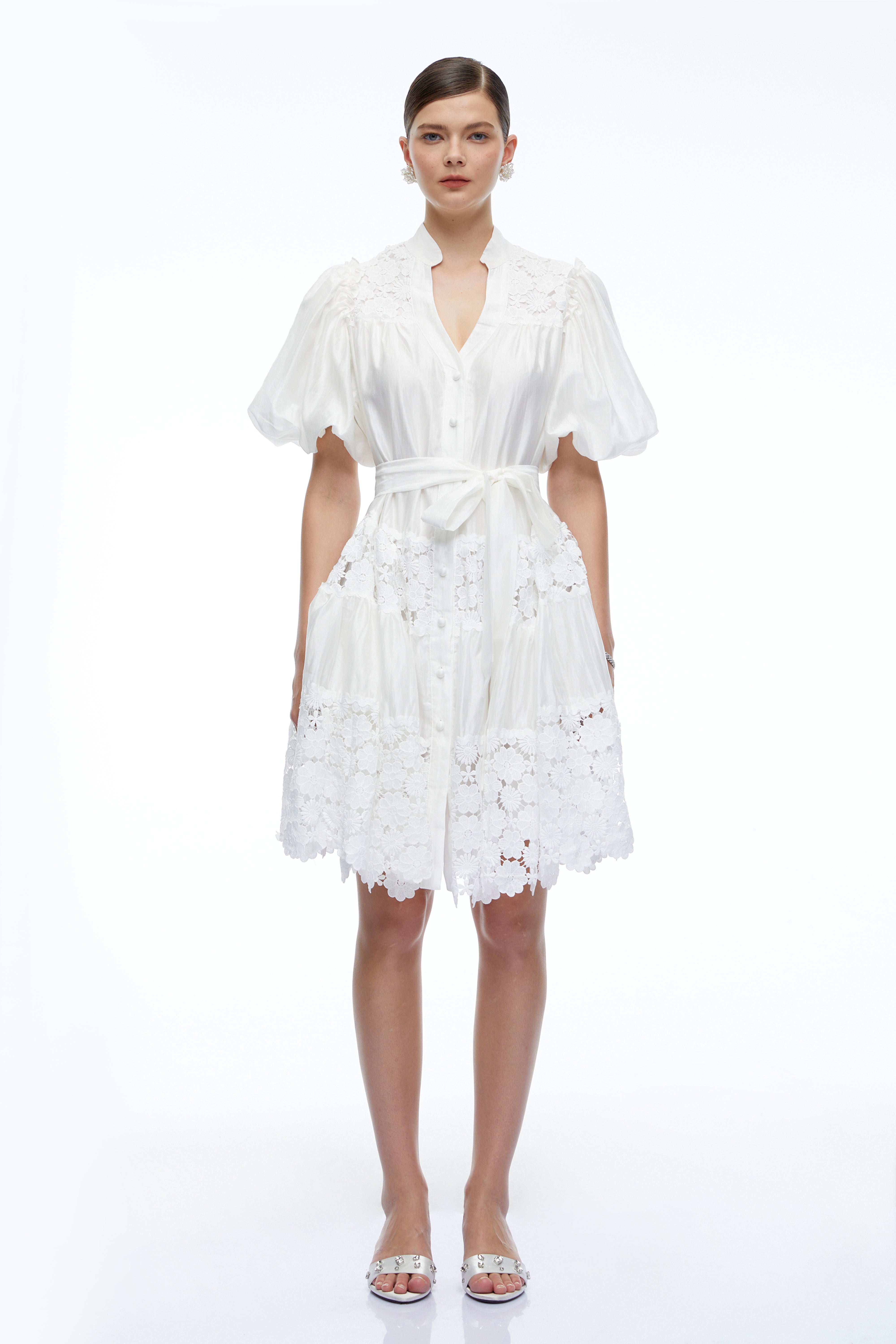 Cosima White Lace Puff Sleeves Mini Dress