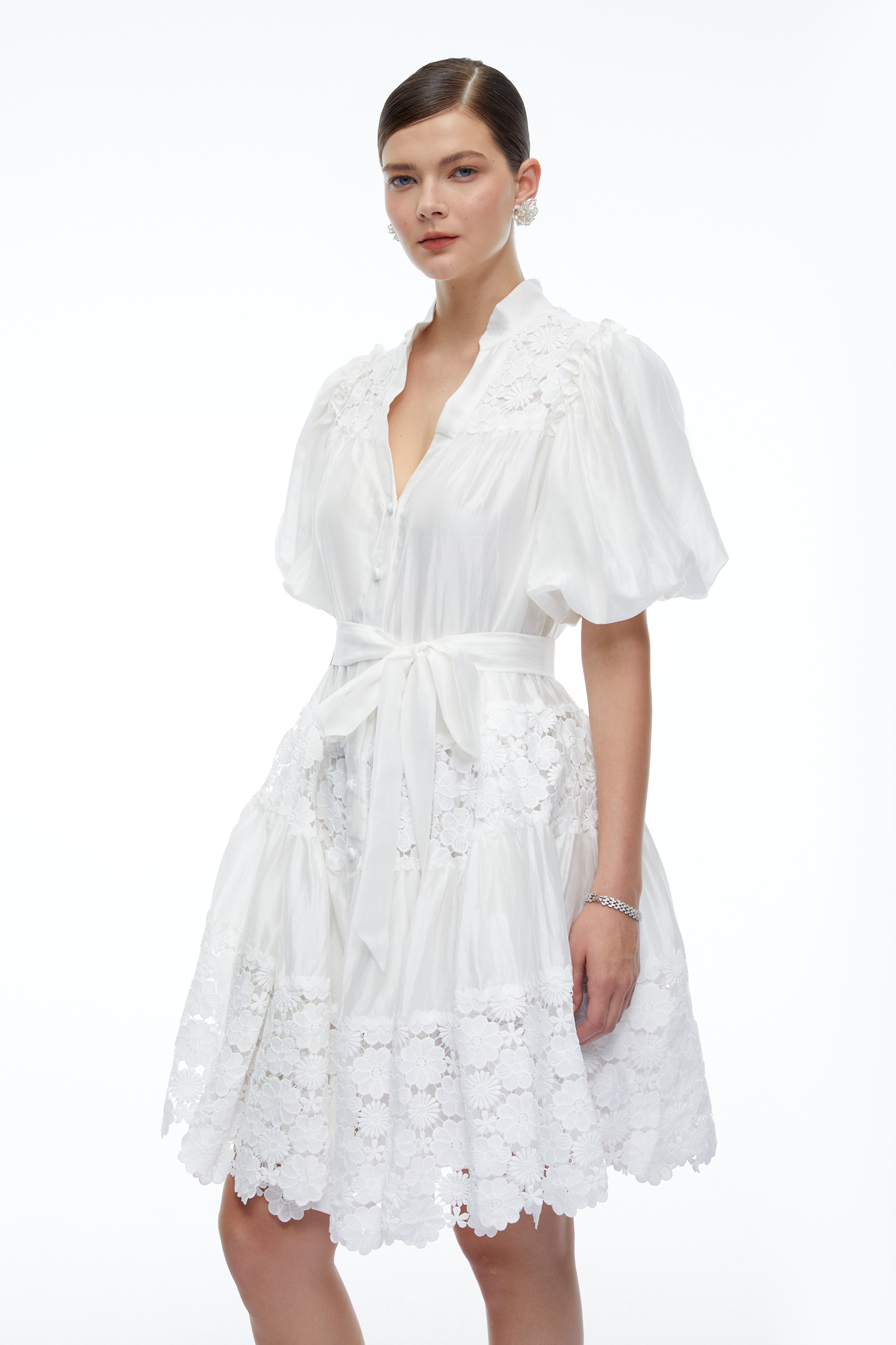 Cosima White Lace Puff Sleeves Mini Dress