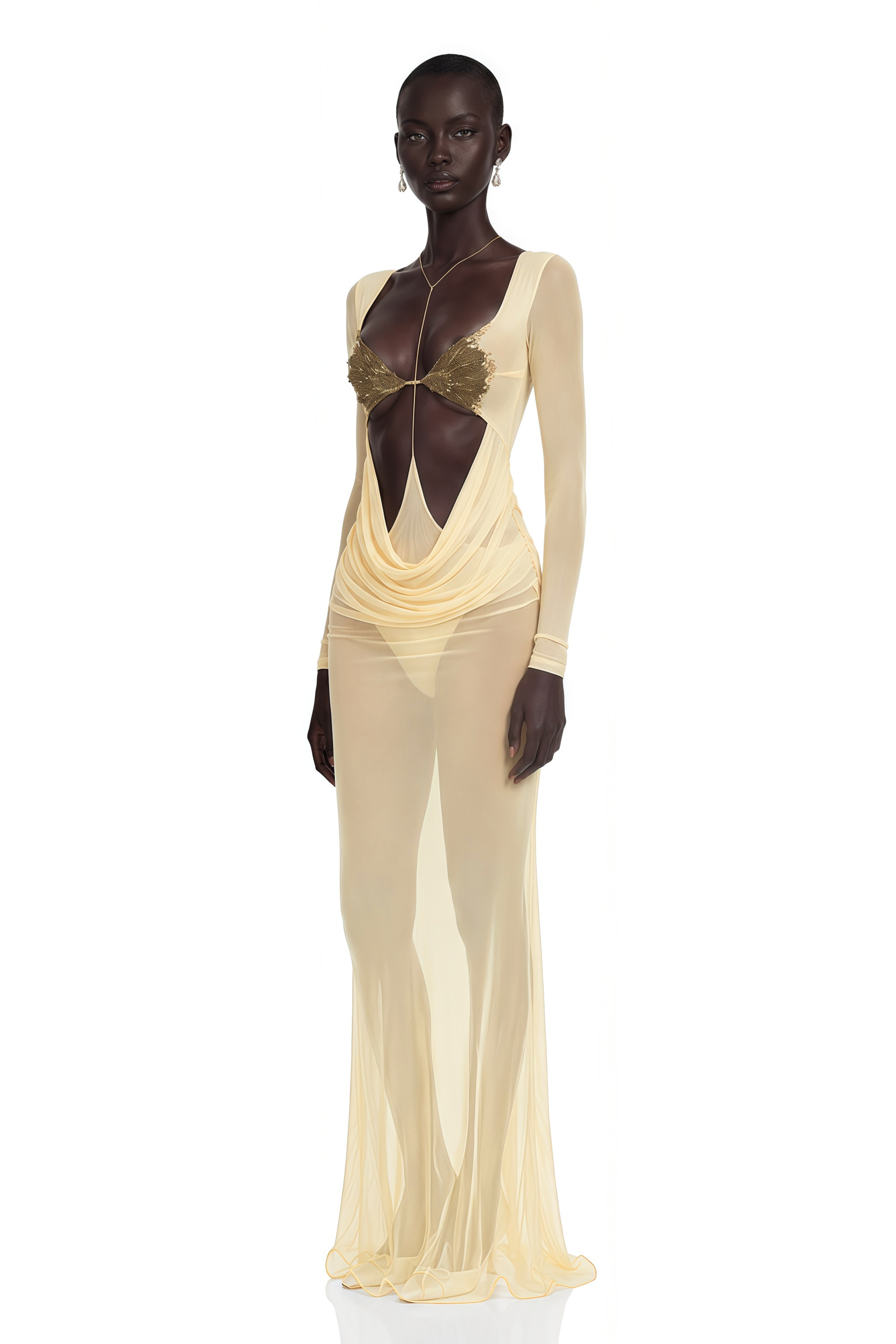 Cressida Yellow Cut-Out Semi-Sheer Fishtail Maxi Dress