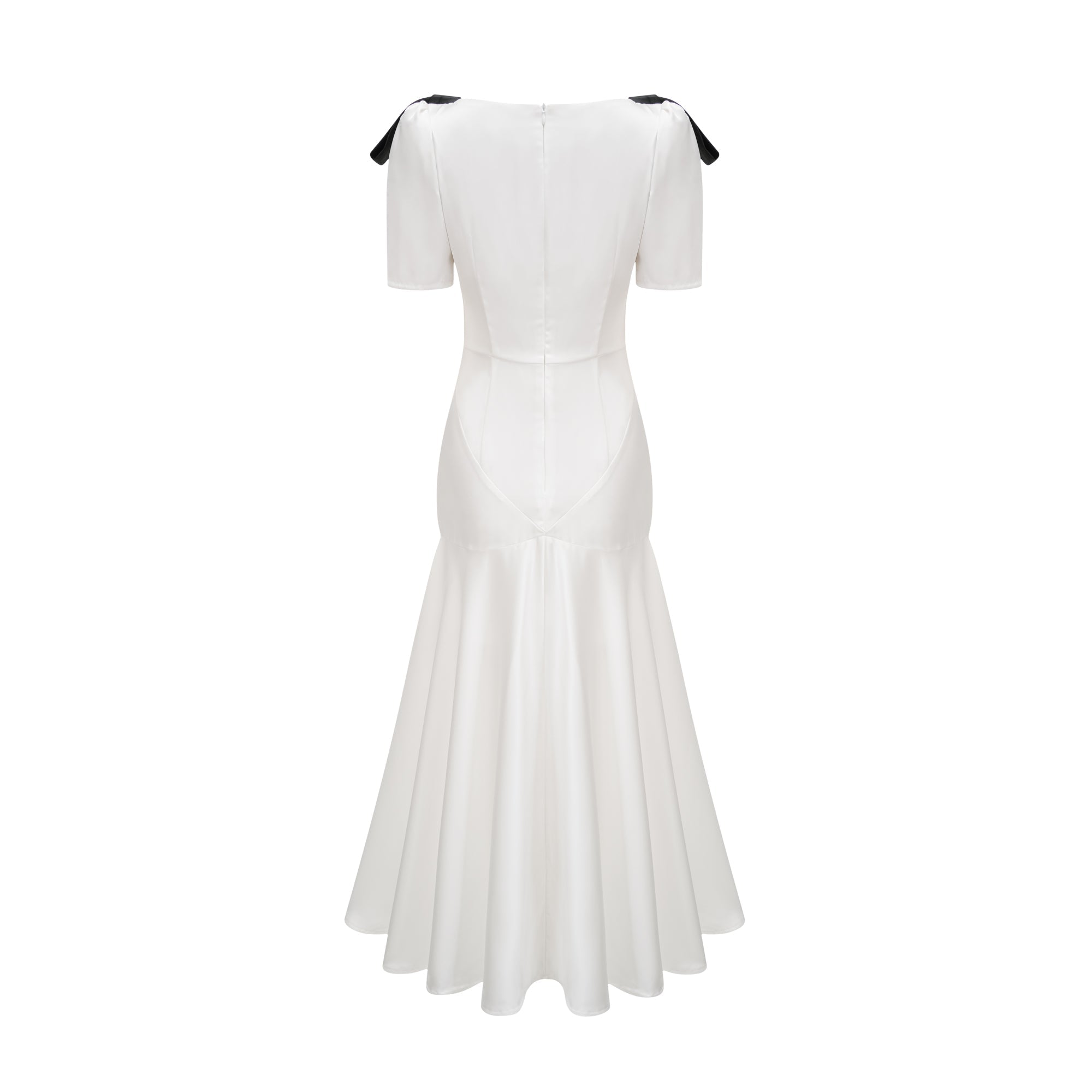 White satin V-neck midi dress with black bow shoulder straps