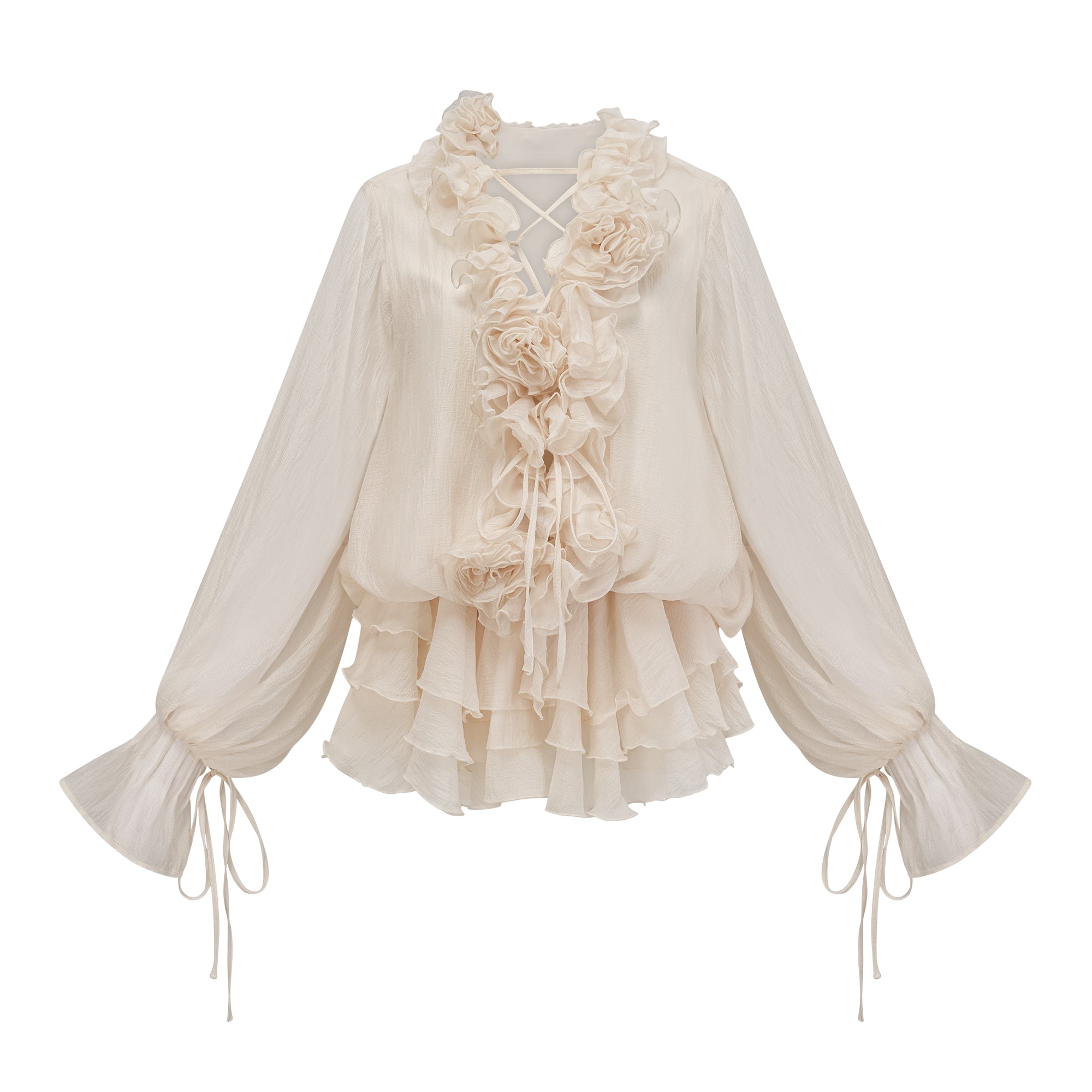 Zéphyrine Floral-Appliqué Tiered Mini Dress in Neutrals (Final Sale-US Only)