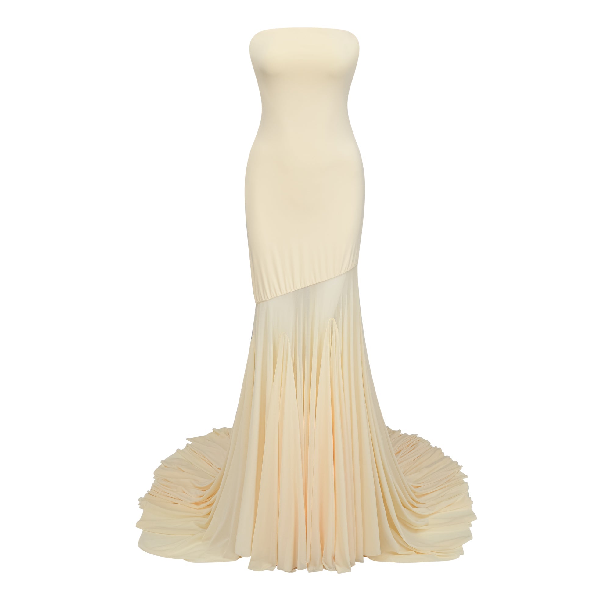 Pale yellow strapless gown with an asymmetrical bodice and pleated sheer skirt