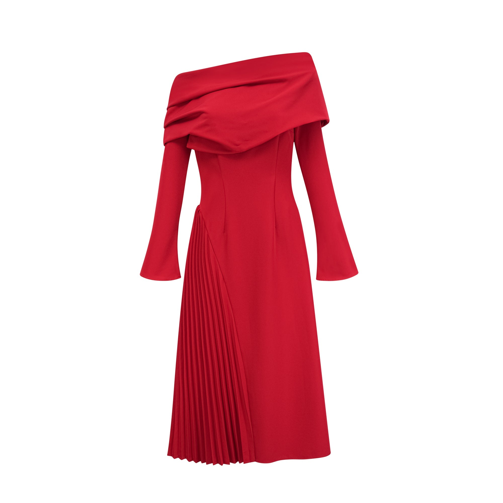 Robe rouge à manches longues et épaules dénudées, avec un panneau plissé sur la jupe