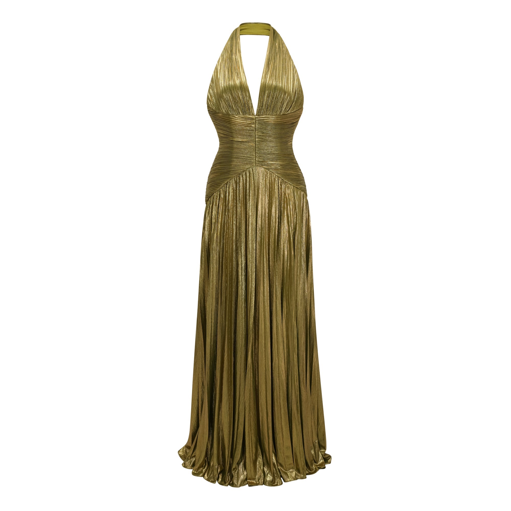 Nadya Olive Green Halterneck Ruched Maxi Dress (Final Sale-US Only)