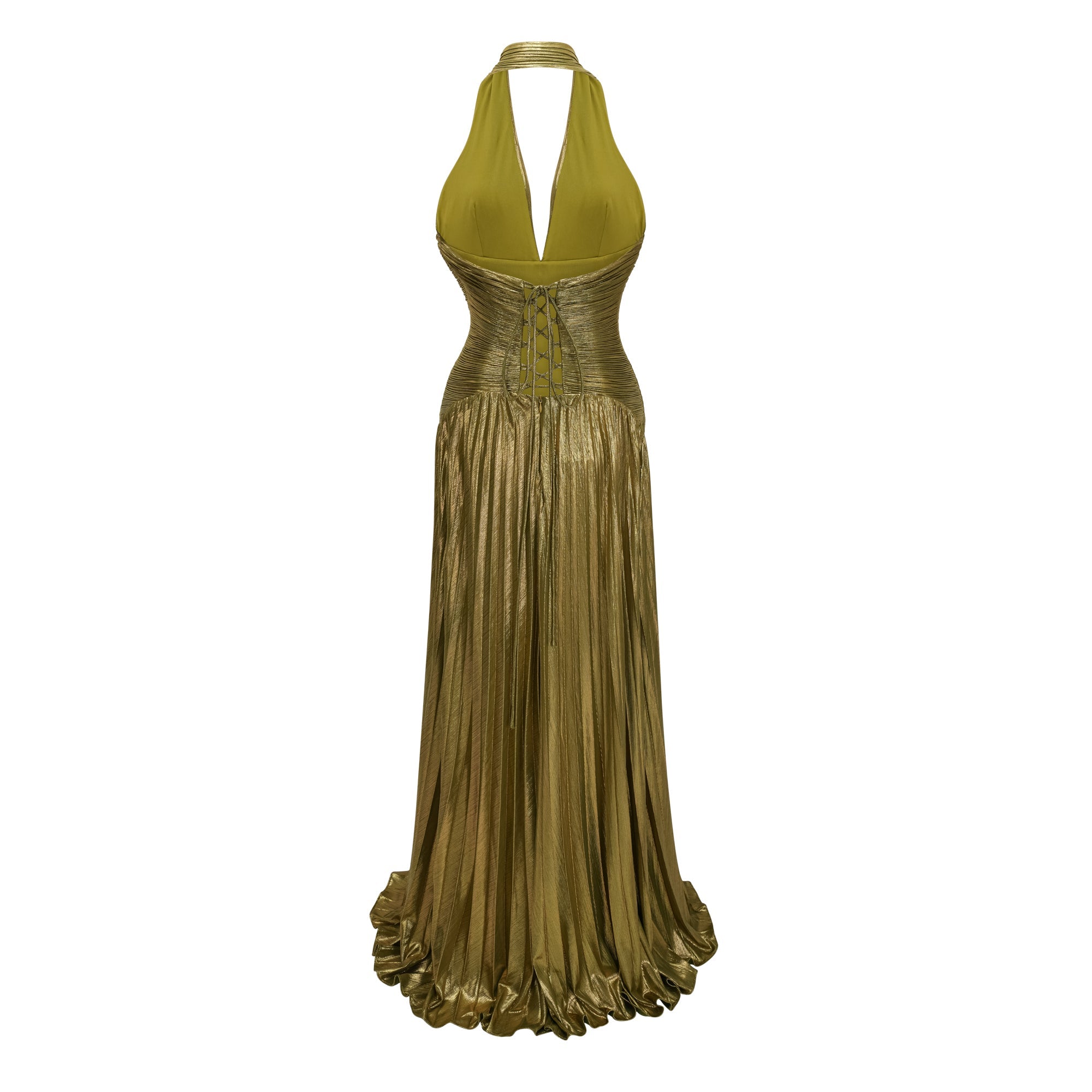 Nadya Olive Green Halterneck Ruched Maxi Dress (Final Sale-US Only)
